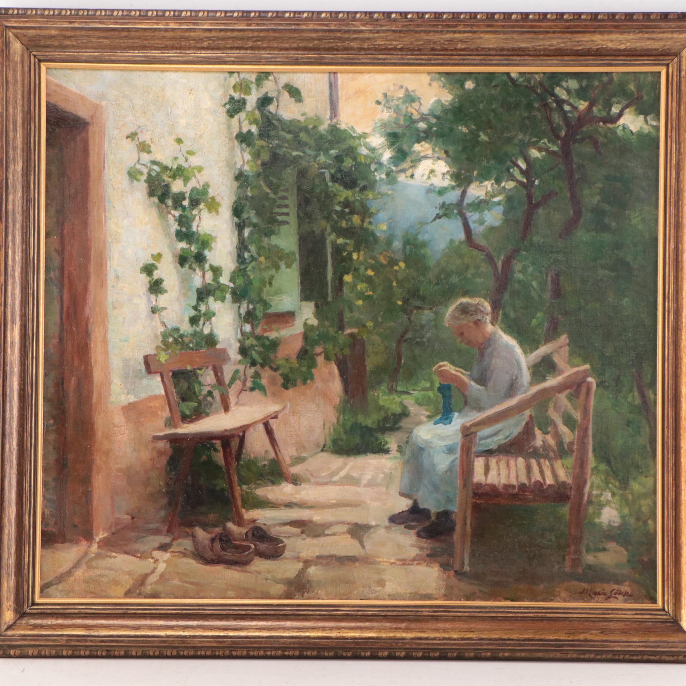 Marie Løkke Oil Painting of Elderly Woman Knitting Outdoors