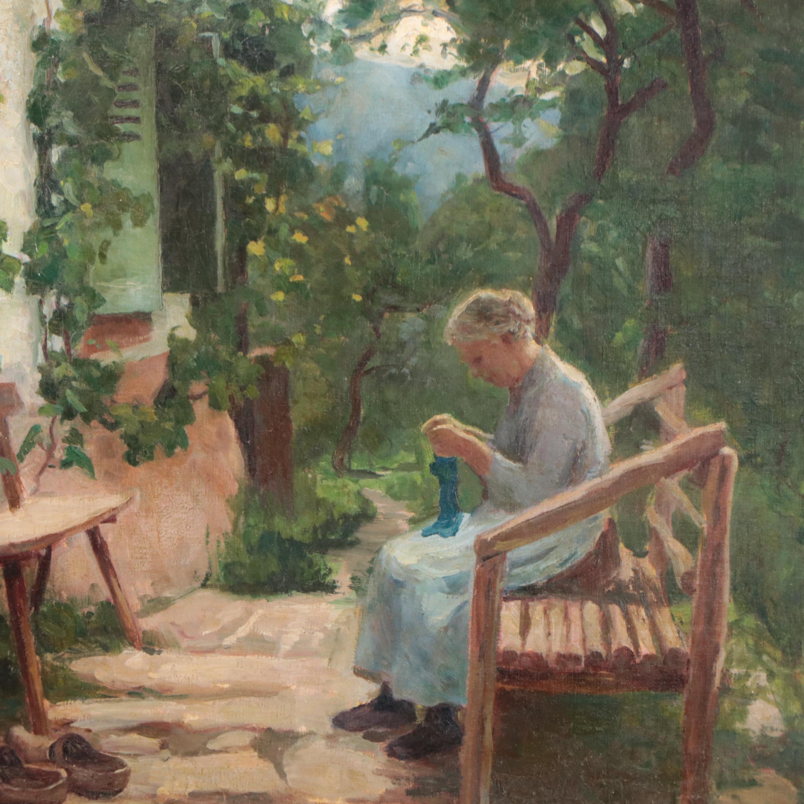Marie Løkke Oil Painting of Elderly Woman Knitting Outdoors