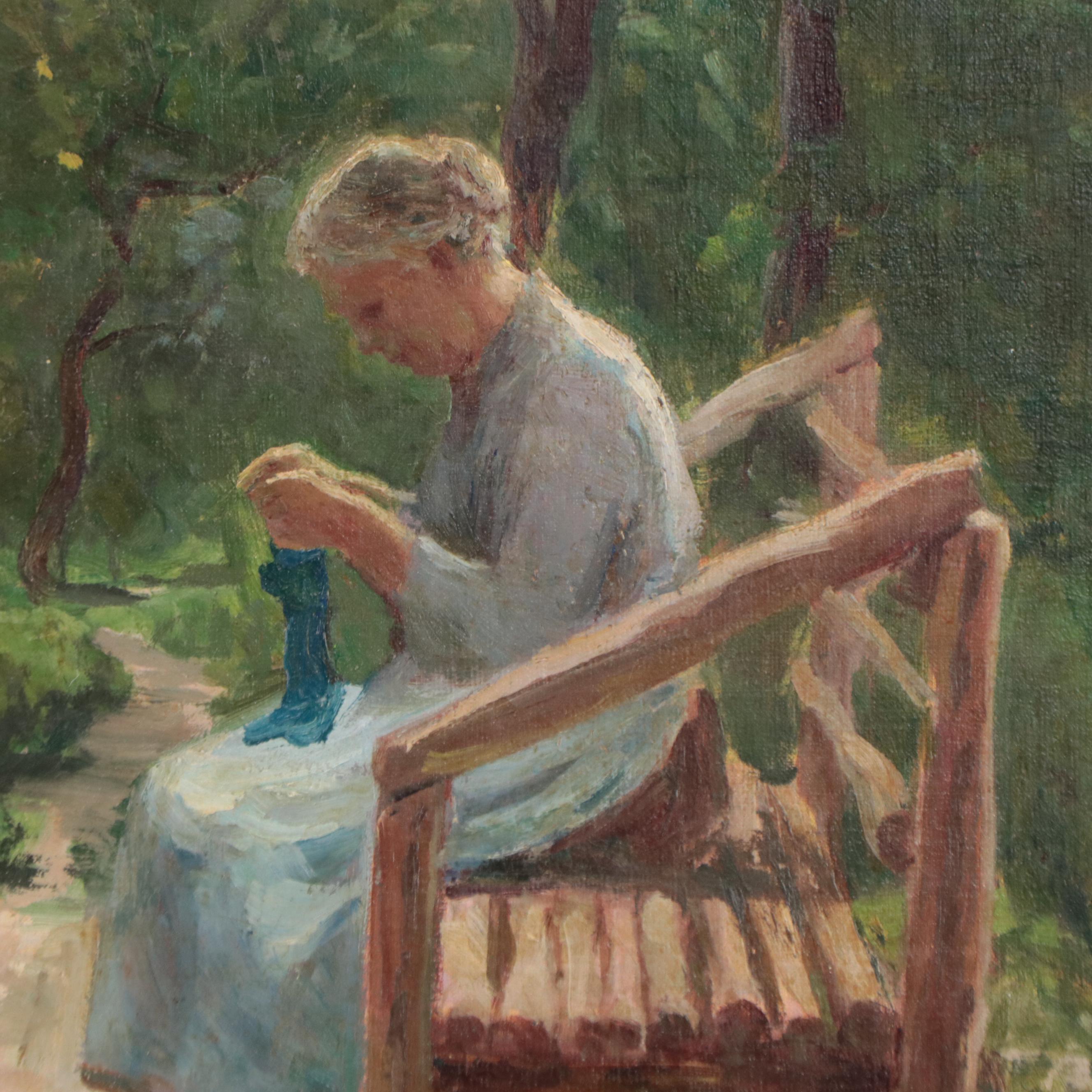 Marie Løkke Oil Painting of Elderly Woman Knitting Outdoors