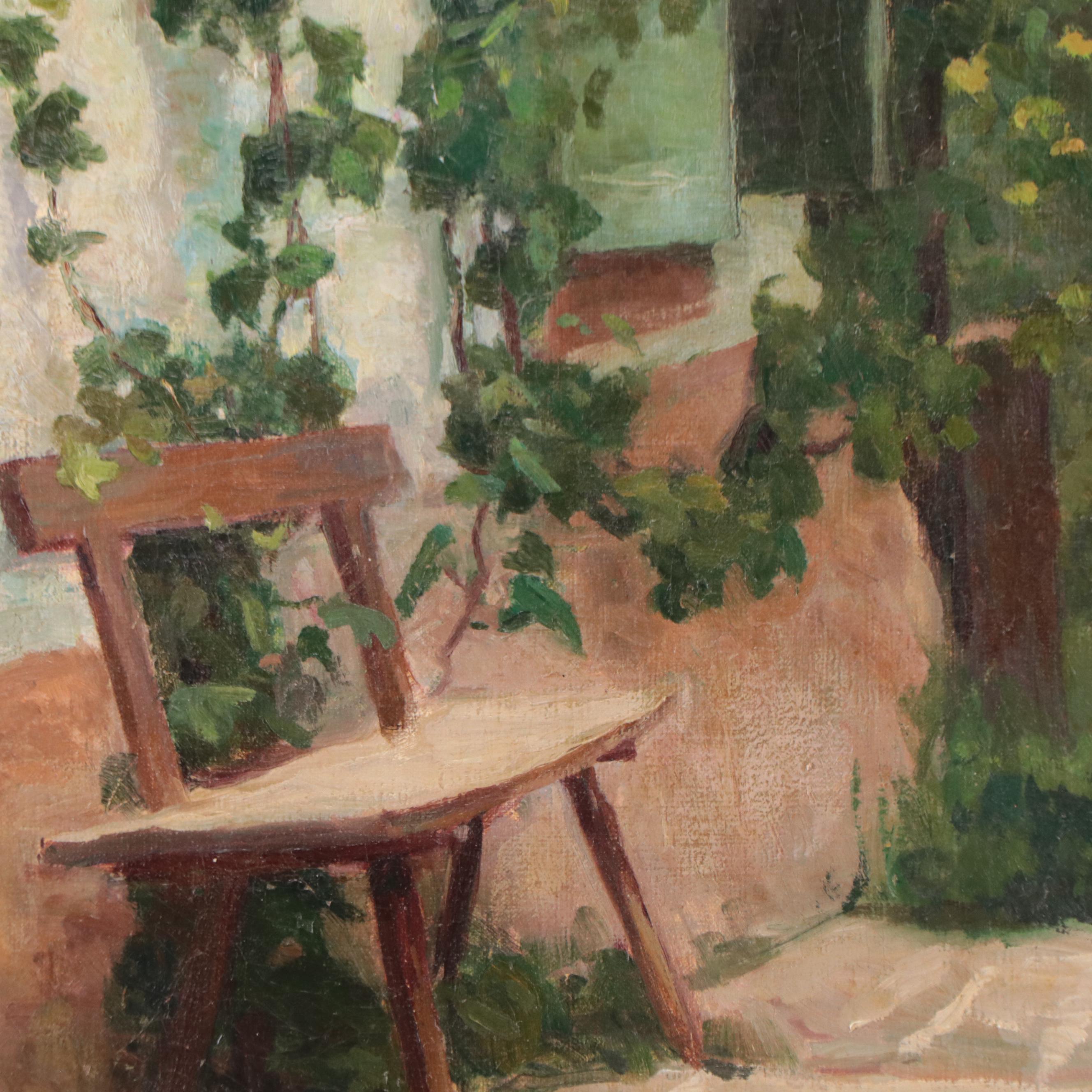 Marie Løkke Oil Painting of Elderly Woman Knitting Outdoors