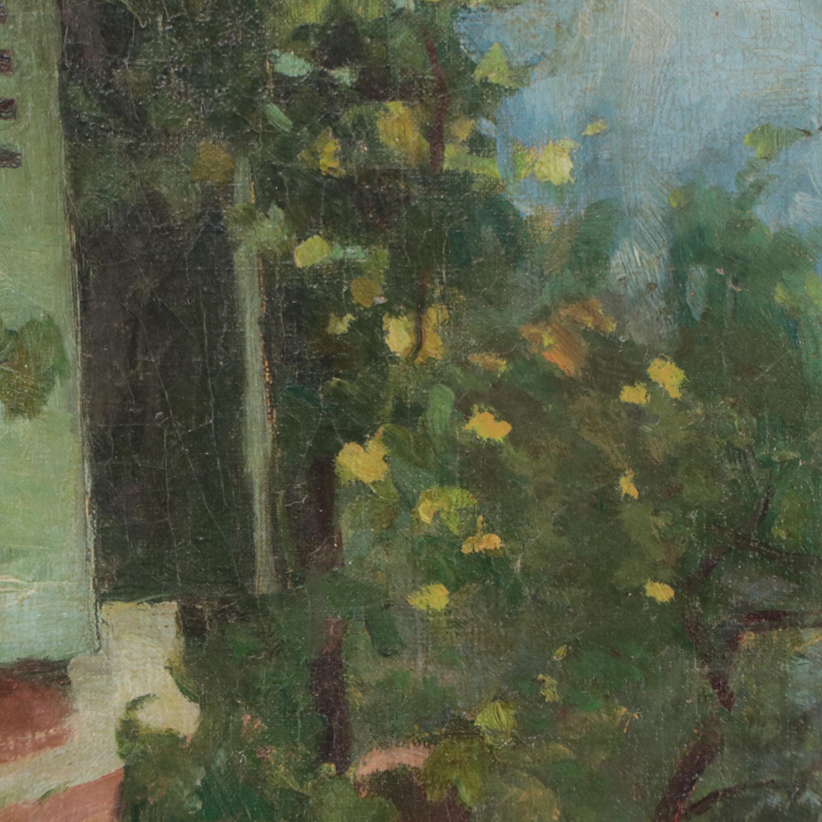 Marie Løkke Oil Painting of Elderly Woman Knitting Outdoors