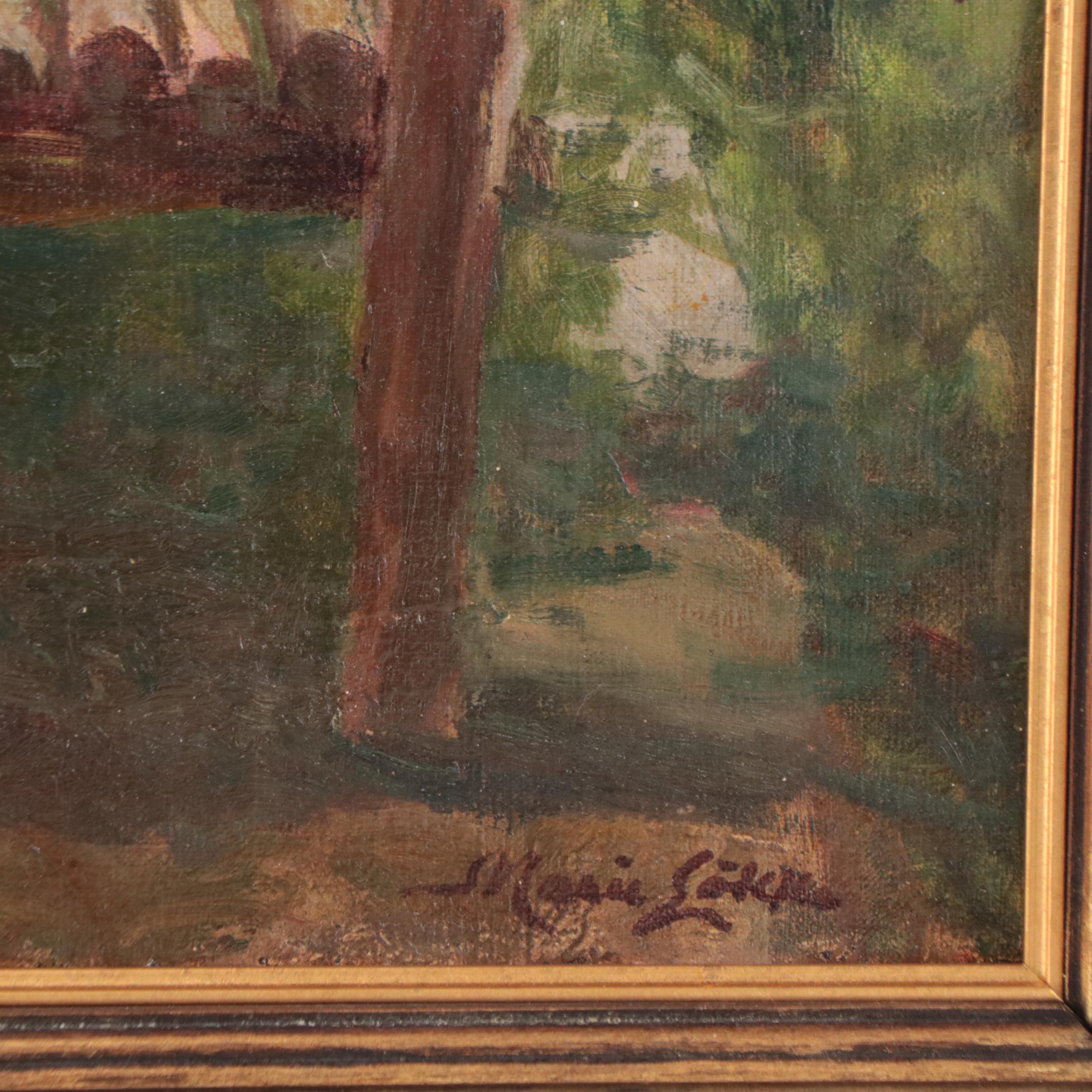 Marie Løkke Oil Painting of Elderly Woman Knitting Outdoors