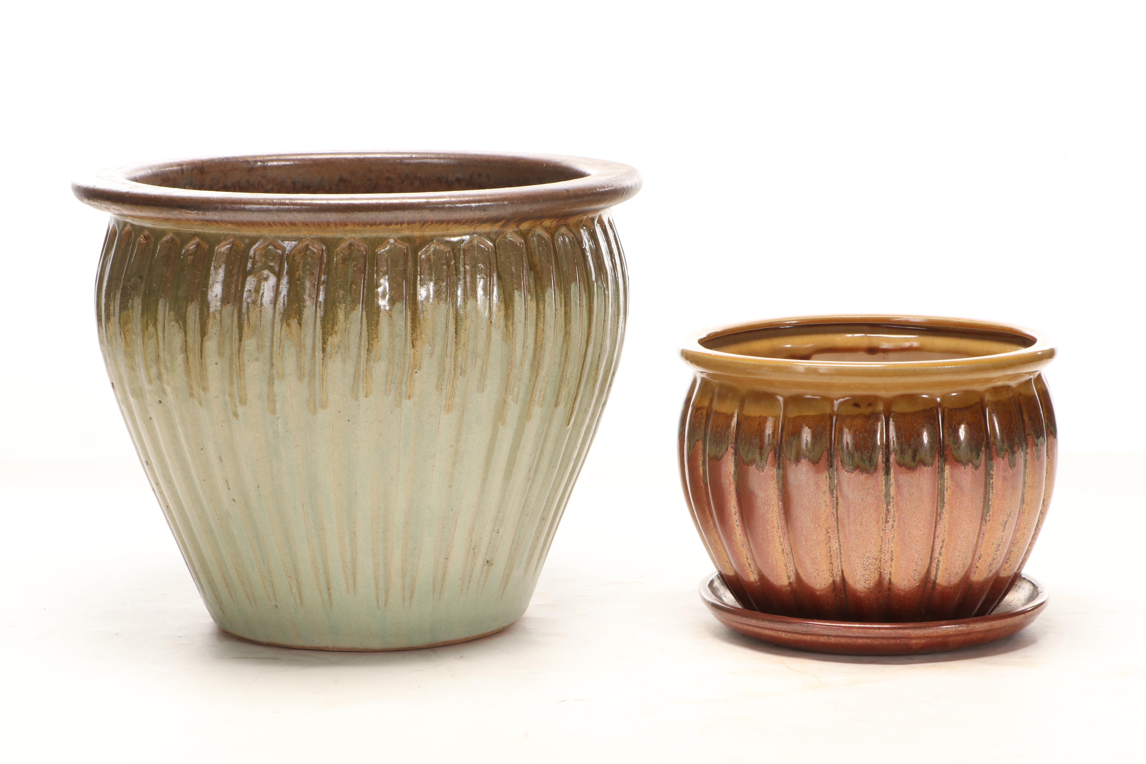 Yellow Glazed Scalloped Planter with Mottled Drip Glazed Planters