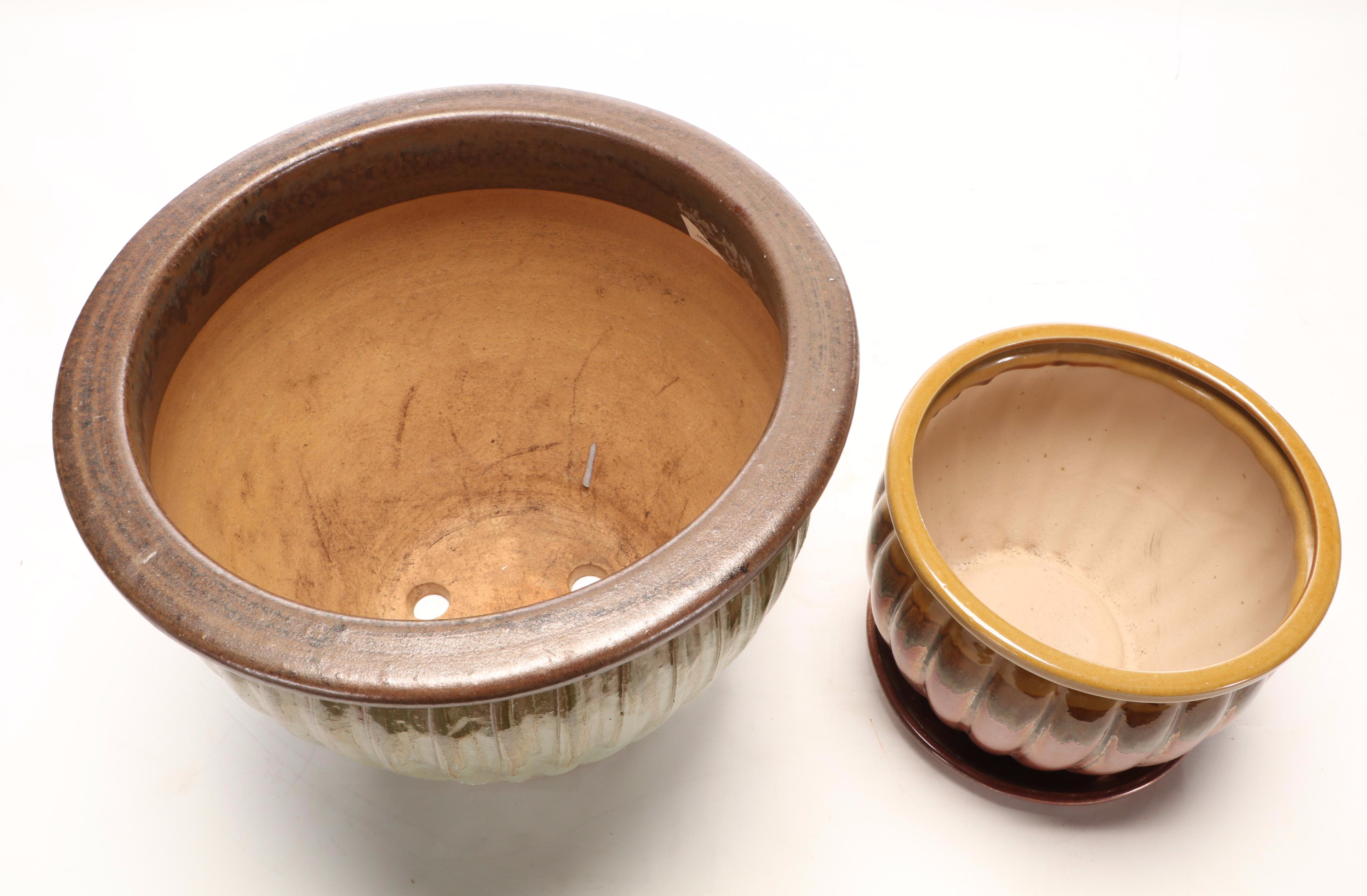 Yellow Glazed Scalloped Planter with Mottled Drip Glazed Planters