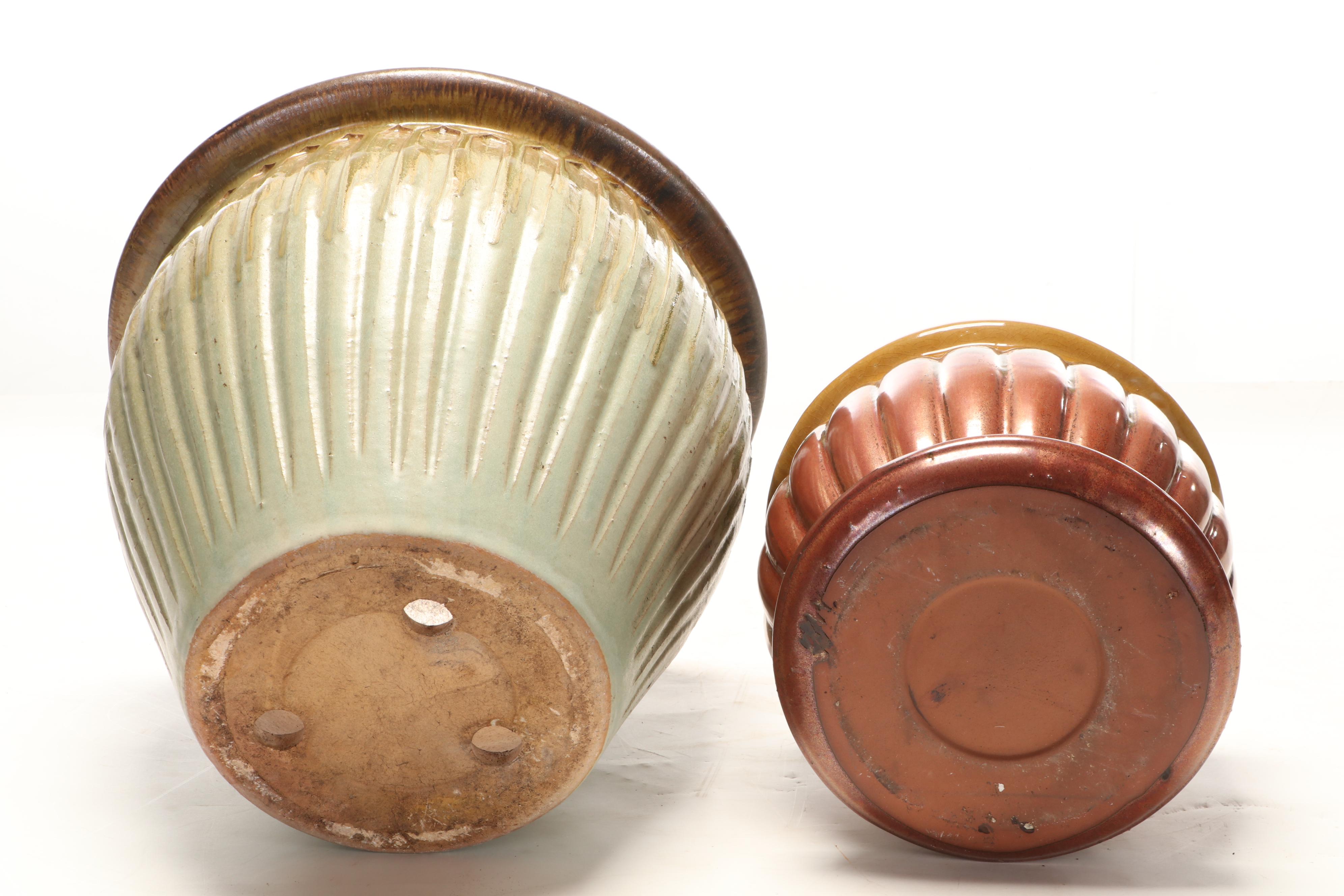 Yellow Glazed Scalloped Planter with Mottled Drip Glazed Planters