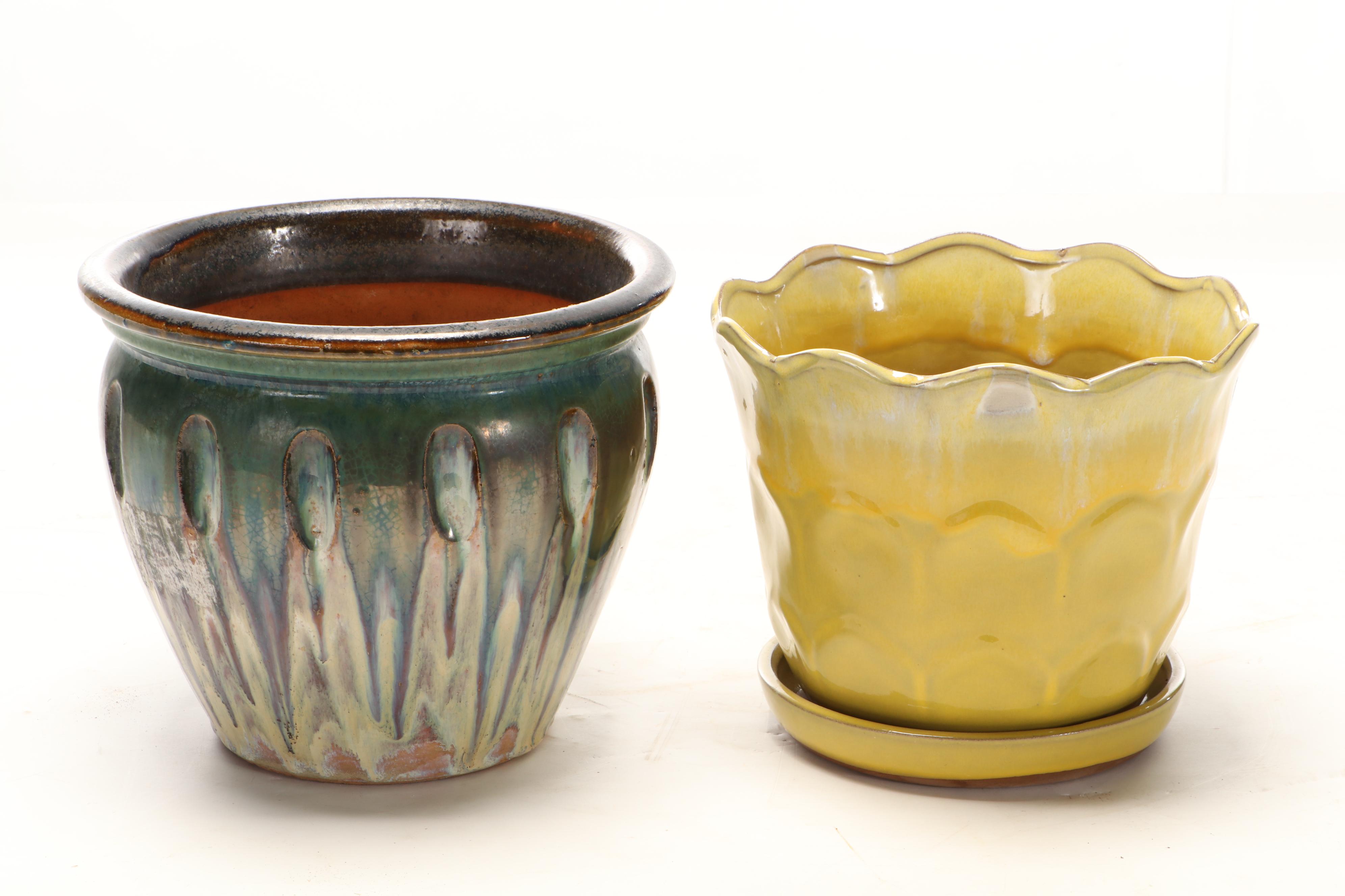 Yellow Glazed Scalloped Planter with Mottled Drip Glazed Planters