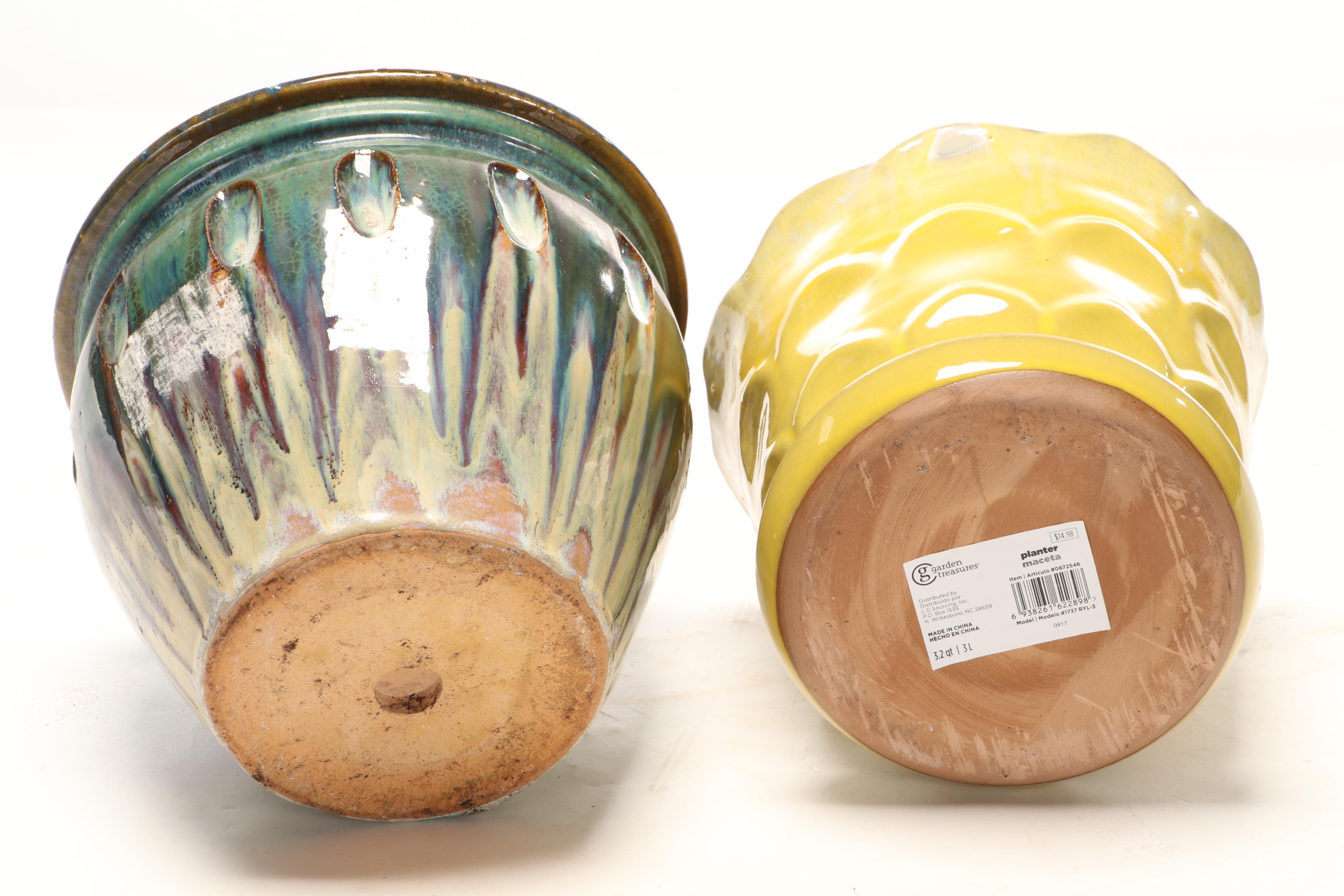 Yellow Glazed Scalloped Planter with Mottled Drip Glazed Planters