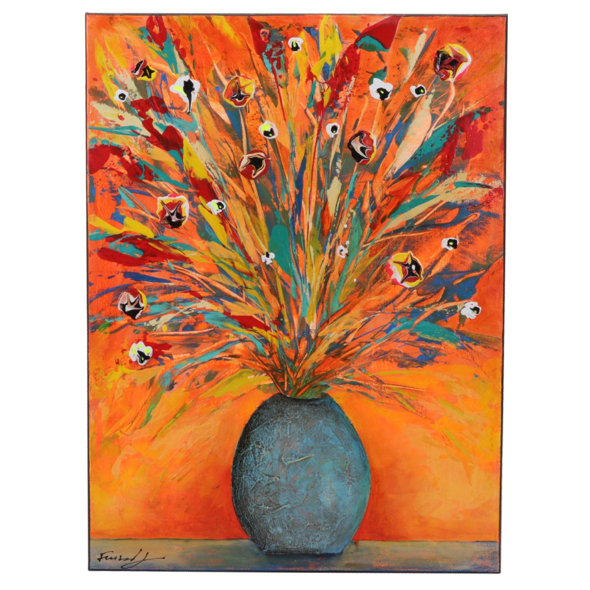 Farshad Lanjani Still Life Acrylic Painting of Flowers in Vase, 21st Century