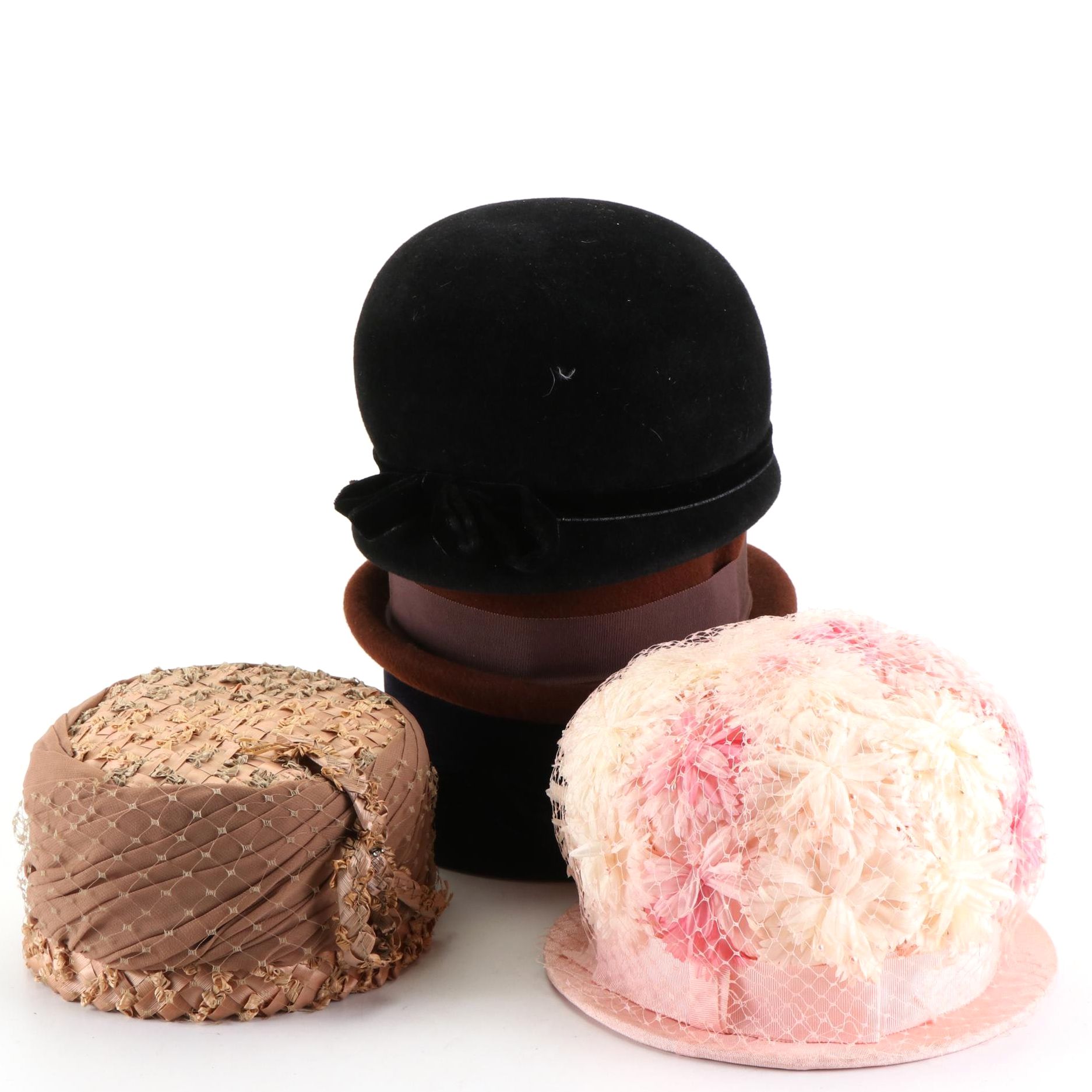 Bubble and Bouffant Hats in Velour, Fur Felt, Straw, and Mesh, 1960s