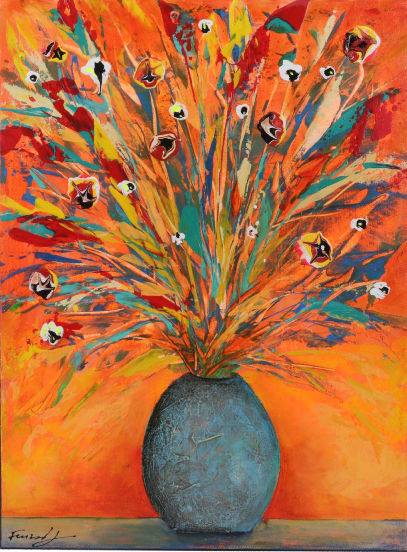 Farshad Lanjani Still Life Acrylic Painting of Flowers in Vase, 21st Century