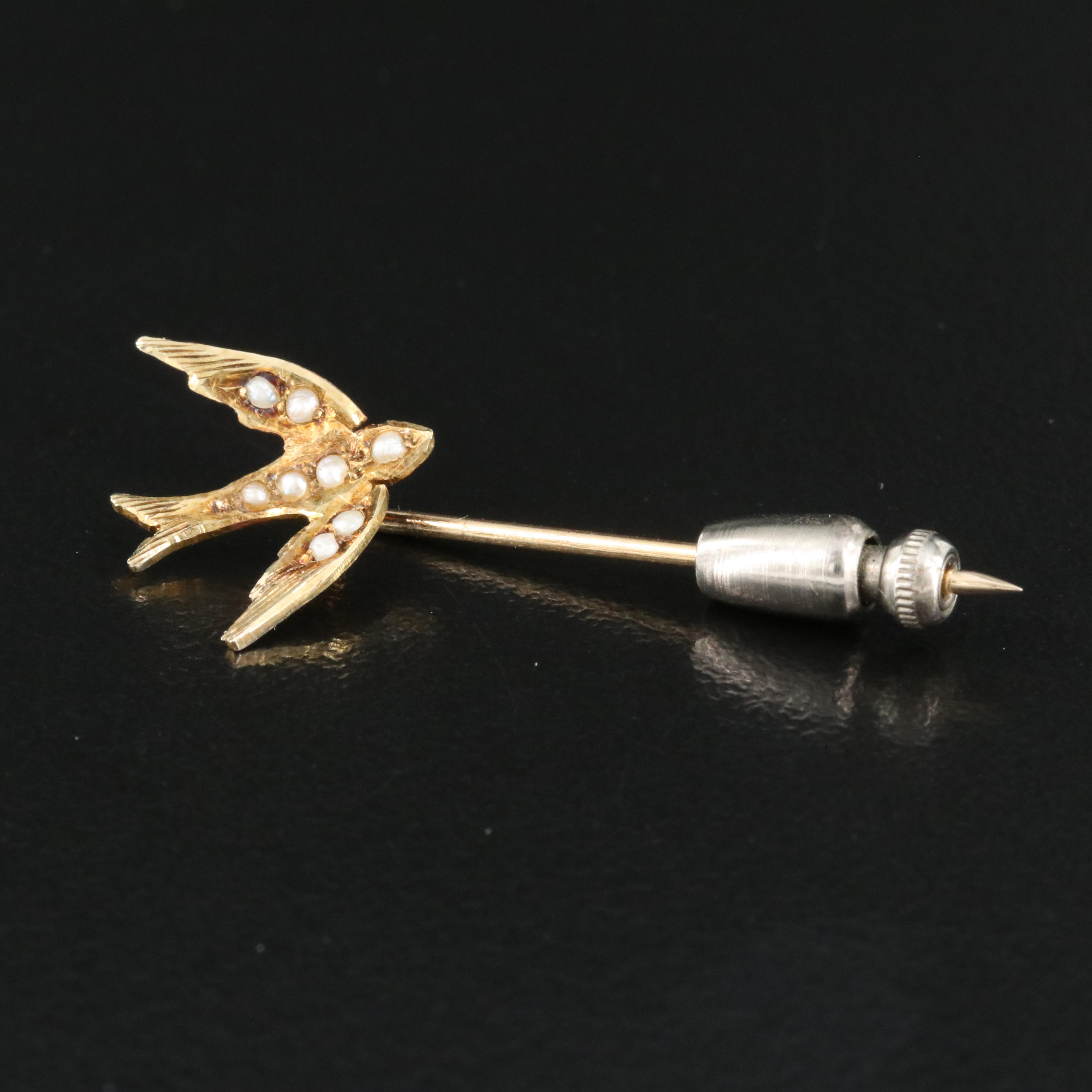 Antique 14K Seed Pearl Swallow Stick Pin