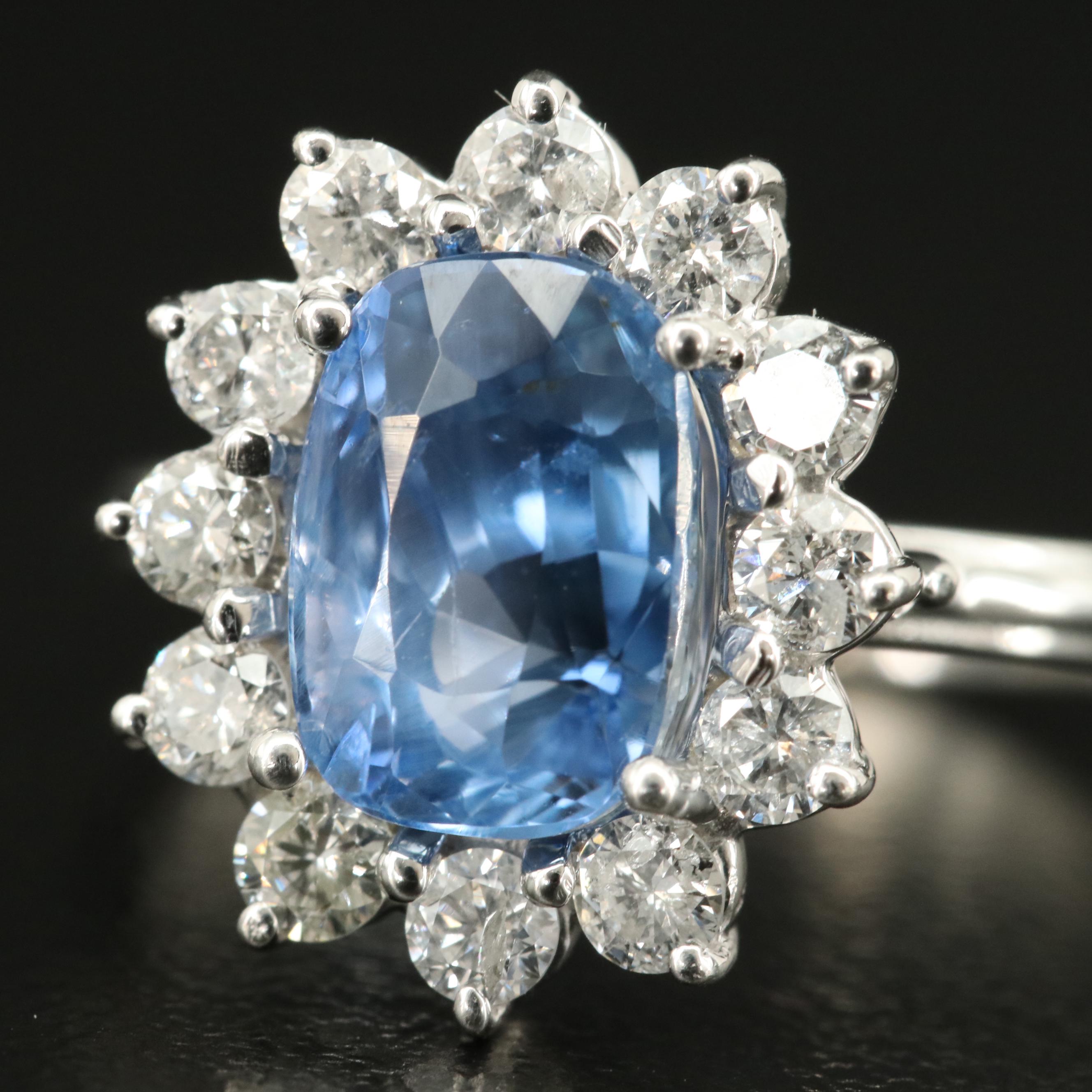 18K Ceylon Sapphire and Diamond Halo RIng with GIA Report