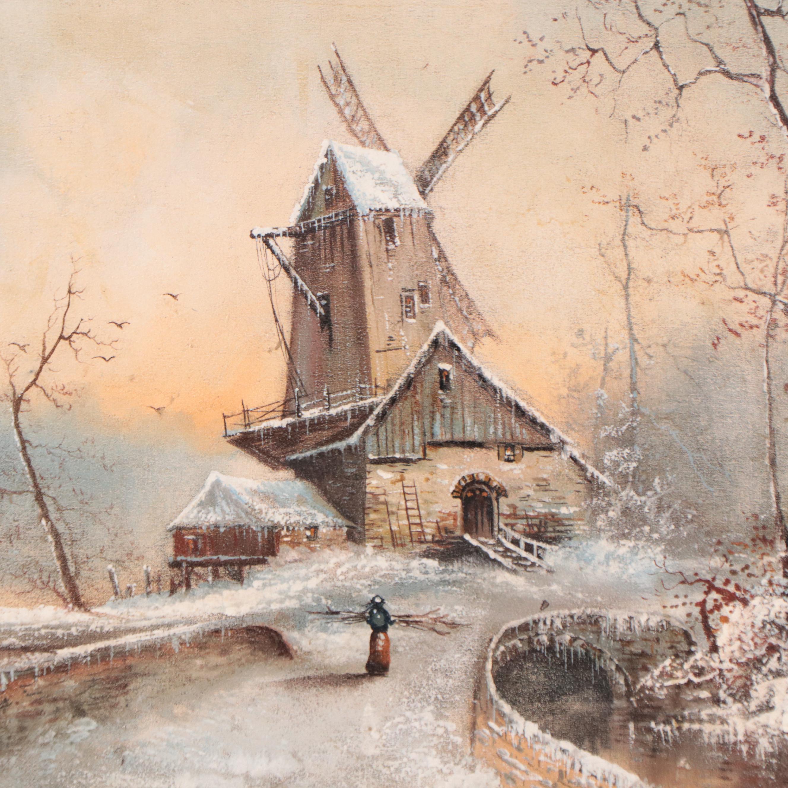 Arnold Holthaus Oil Painting of Winter Landscape With Windmill, 1895