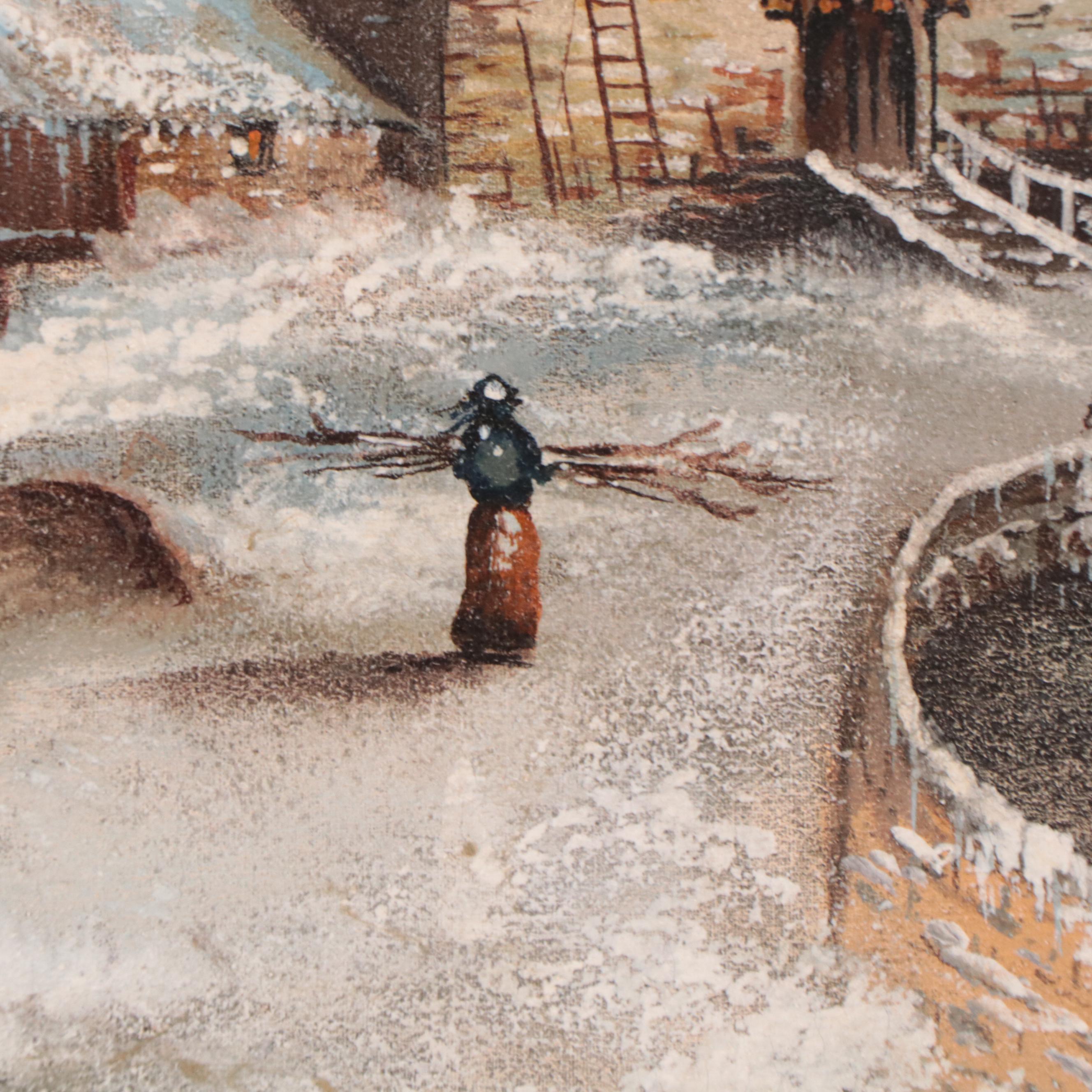 Arnold Holthaus Oil Painting of Winter Landscape With Windmill, 1895