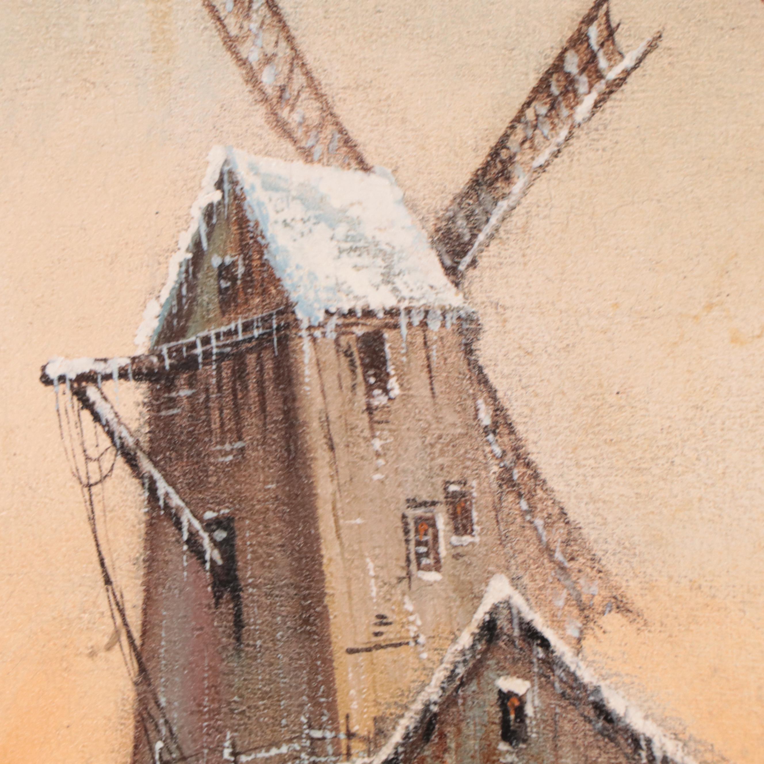 Arnold Holthaus Oil Painting of Winter Landscape With Windmill, 1895