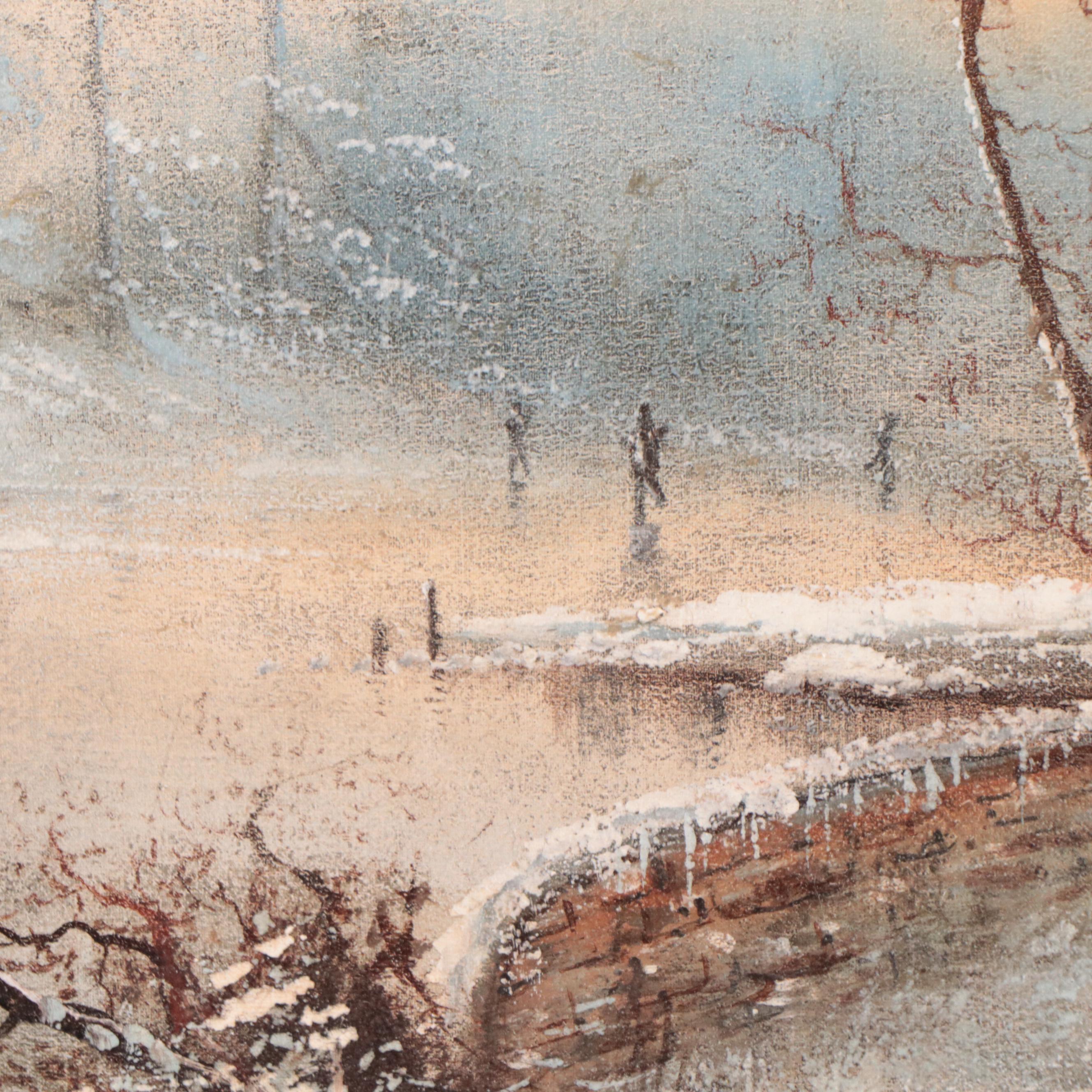 Arnold Holthaus Oil Painting of Winter Landscape With Windmill, 1895