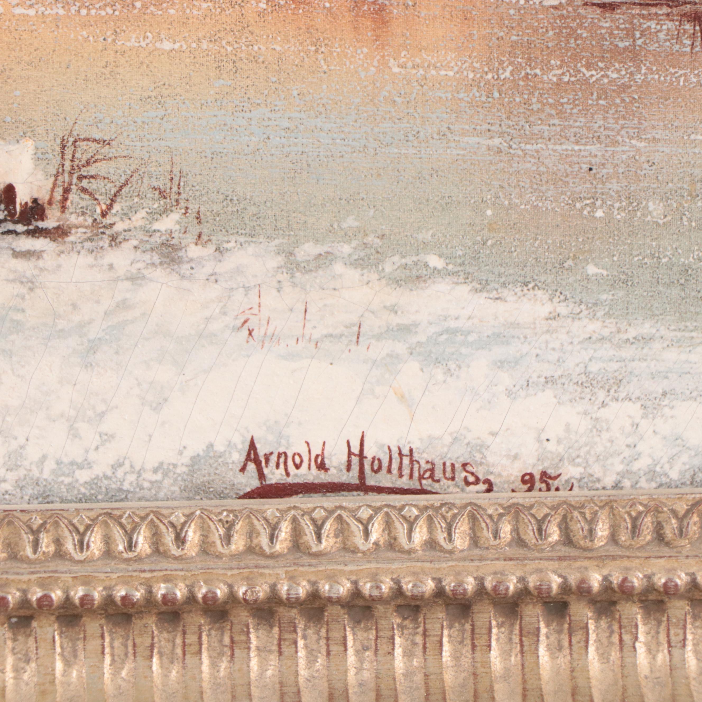 Arnold Holthaus Oil Painting of Winter Landscape With Windmill, 1895