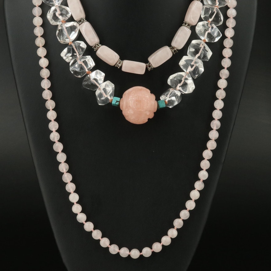 Rose Quartz, Quartz and Turquoise Beaded Necklace Trio Including Sterling