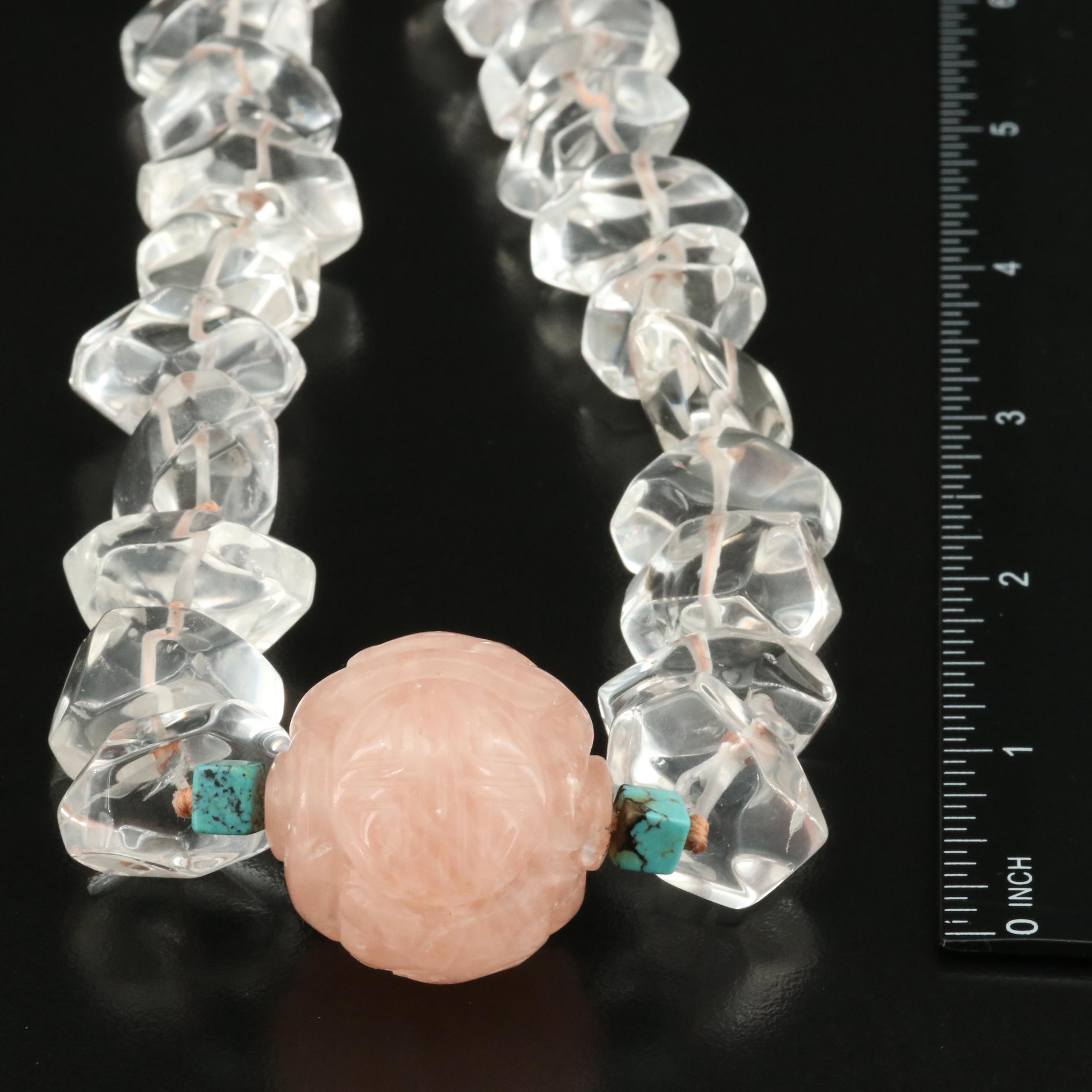 Rose Quartz, Quartz and Turquoise Beaded Necklace Trio Including Sterling