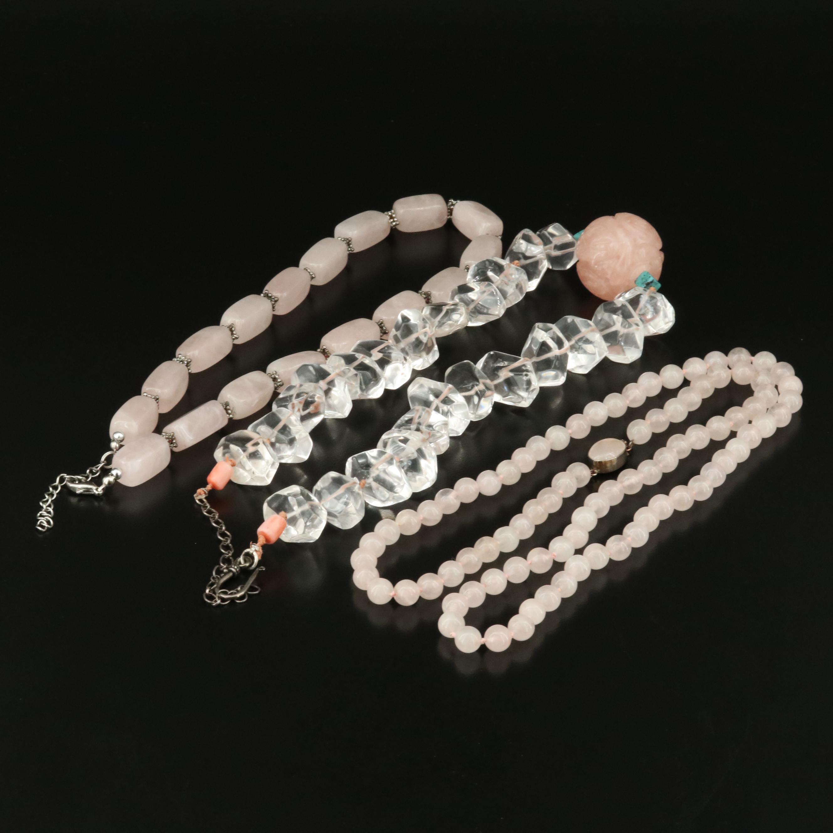 Rose Quartz, Quartz and Turquoise Beaded Necklace Trio Including Sterling