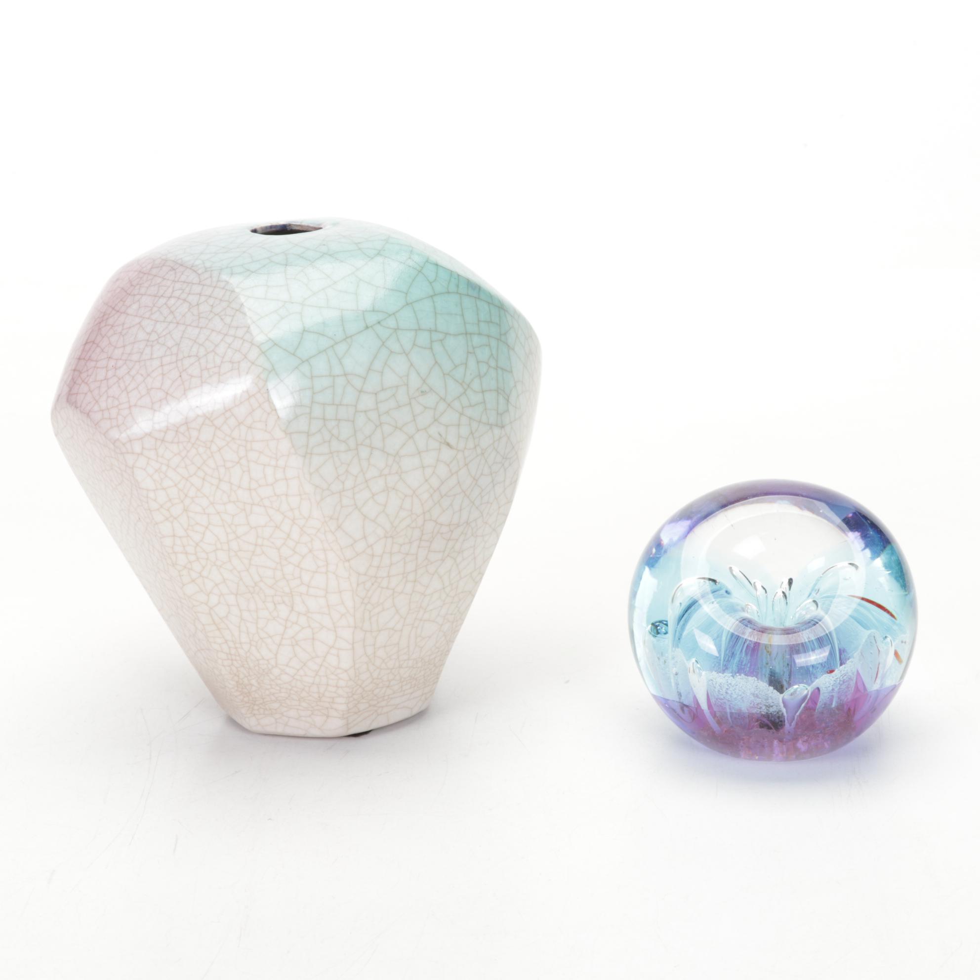 Carved Amethyst Crystal With Banded Calcite Vase, Ceramic Planter, More