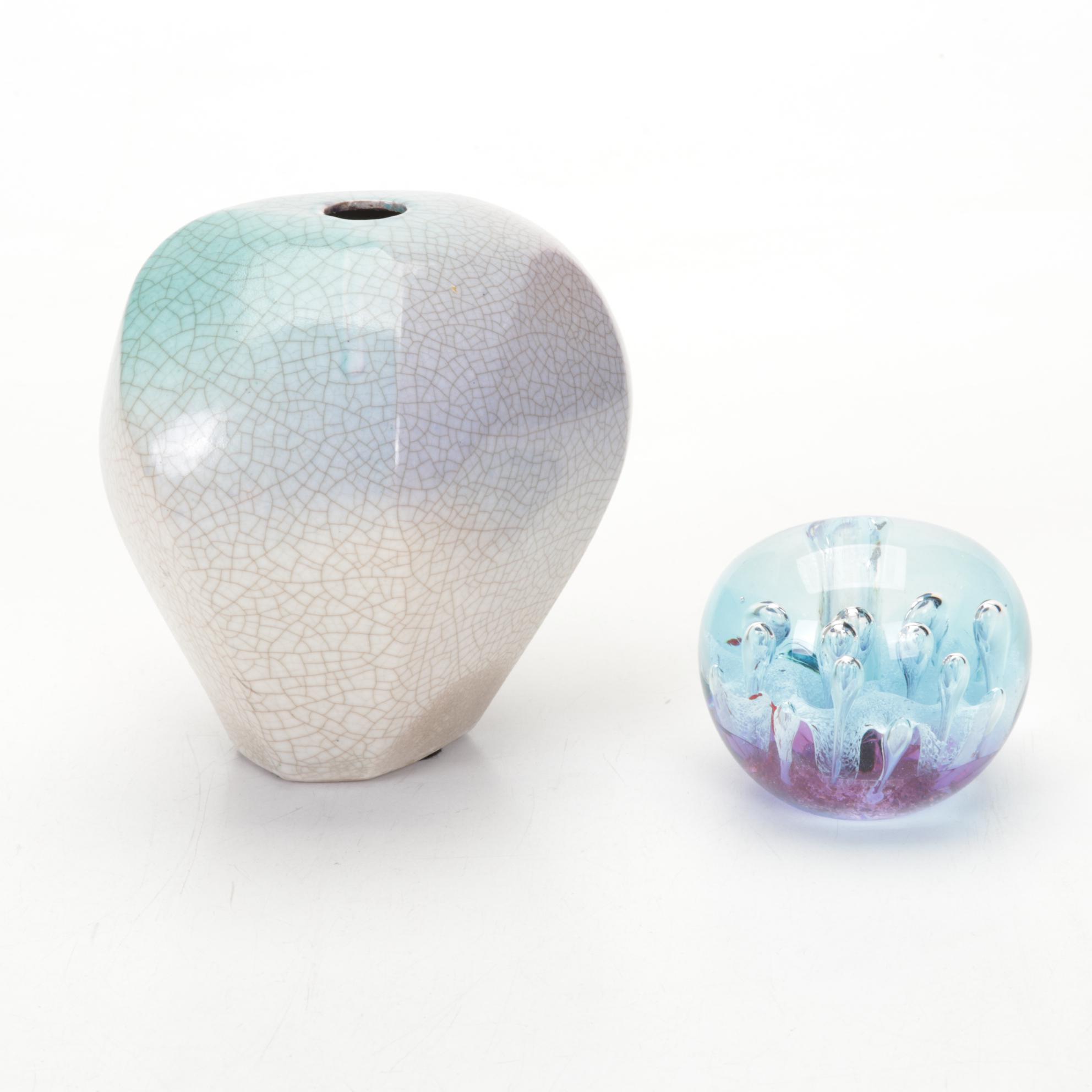 Carved Amethyst Crystal With Banded Calcite Vase, Ceramic Planter, More