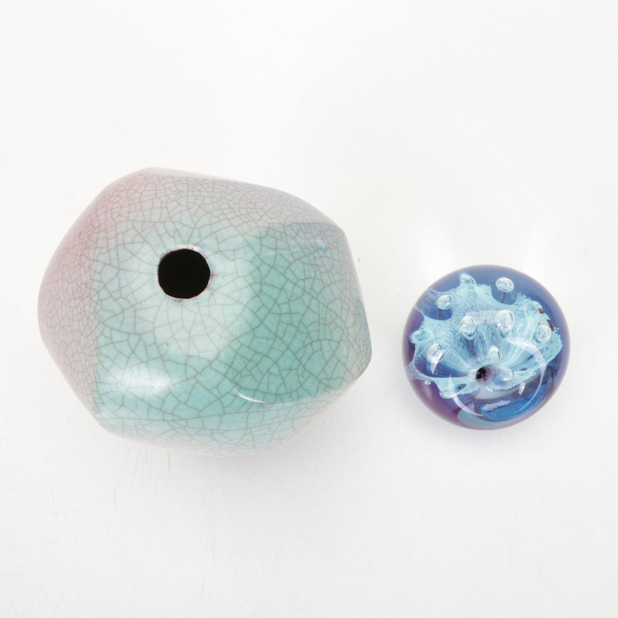 Carved Amethyst Crystal With Banded Calcite Vase, Ceramic Planter, More