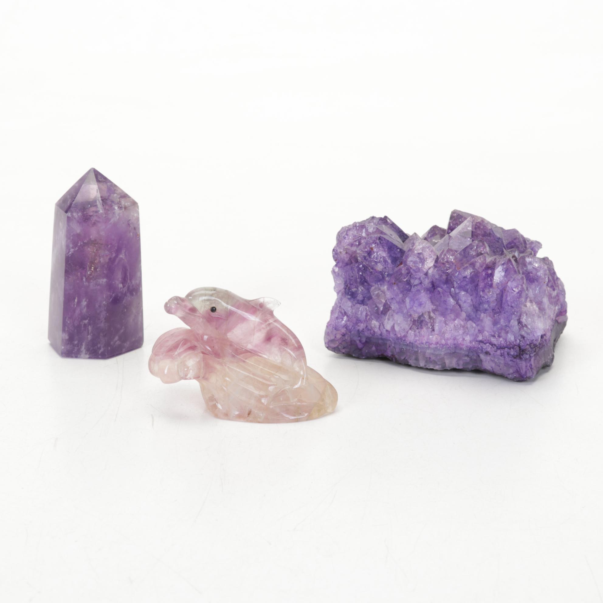 Carved Amethyst Crystal With Banded Calcite Vase, Ceramic Planter, More