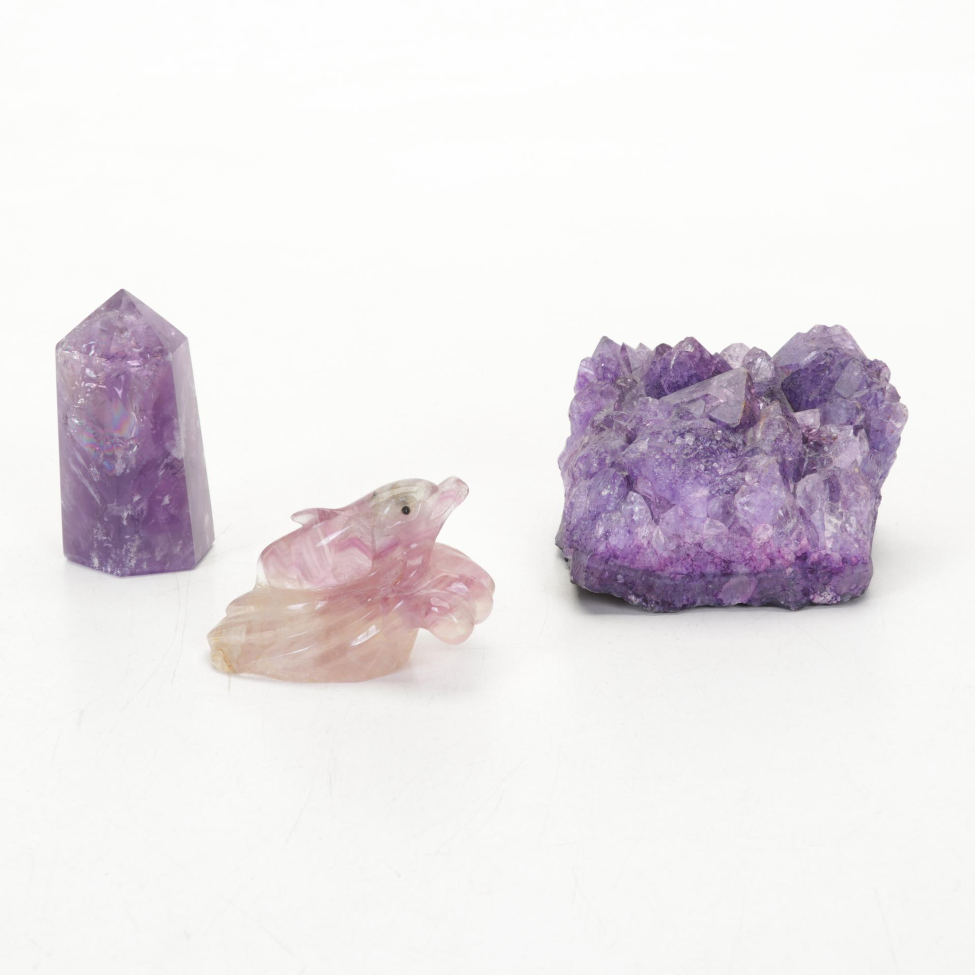 Carved Amethyst Crystal With Banded Calcite Vase, Ceramic Planter, More