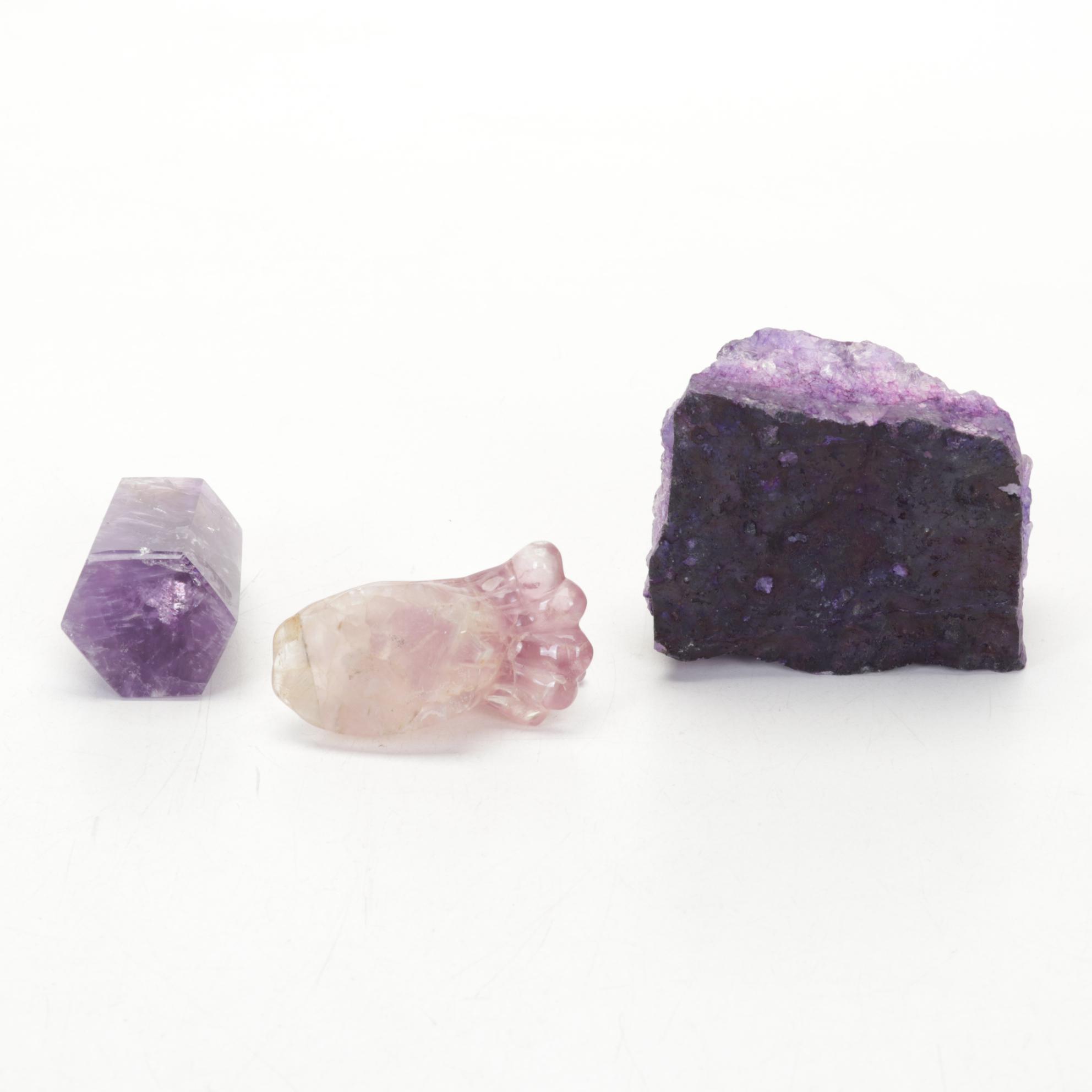 Carved Amethyst Crystal With Banded Calcite Vase, Ceramic Planter, More