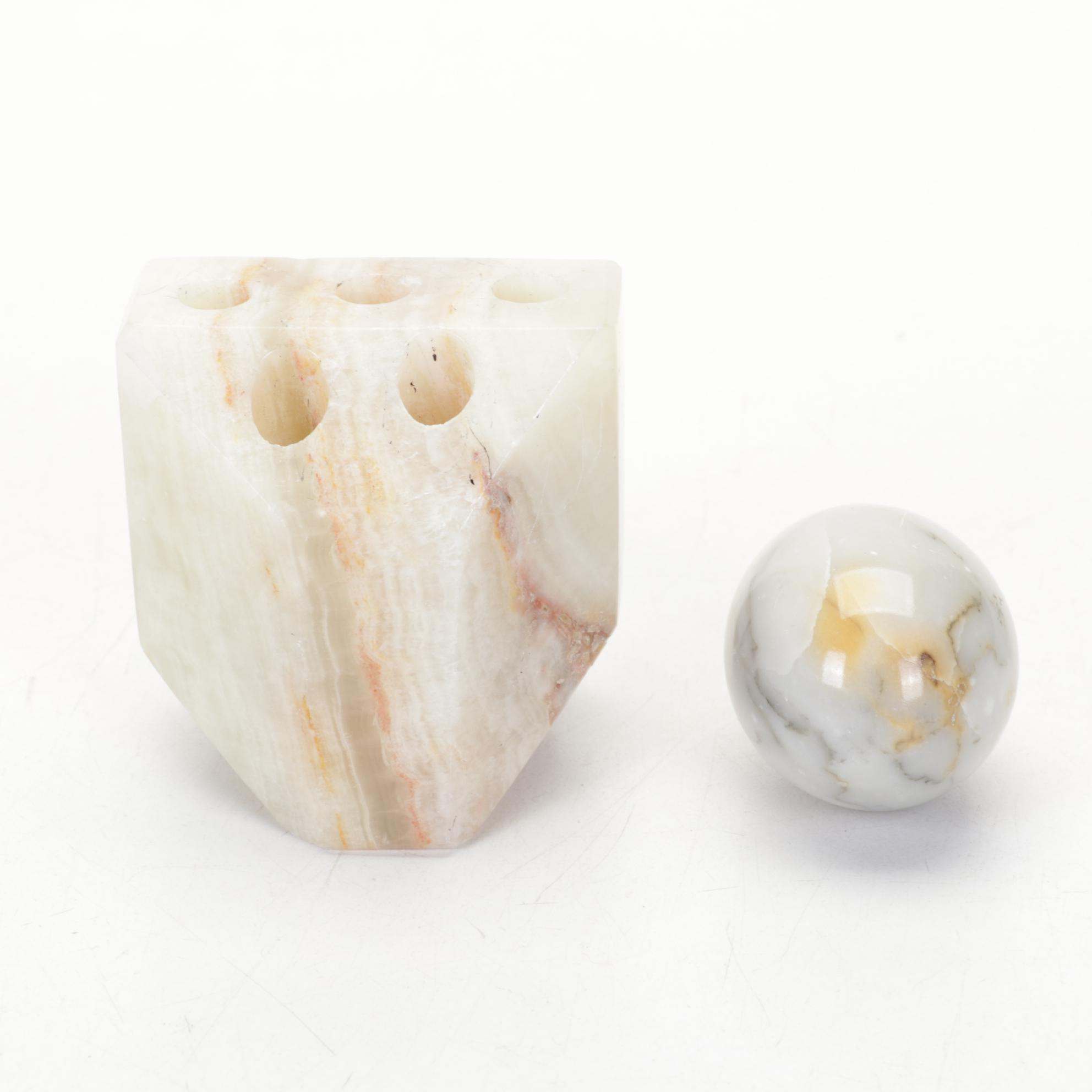 Carved Amethyst Crystal With Banded Calcite Vase, Ceramic Planter, More