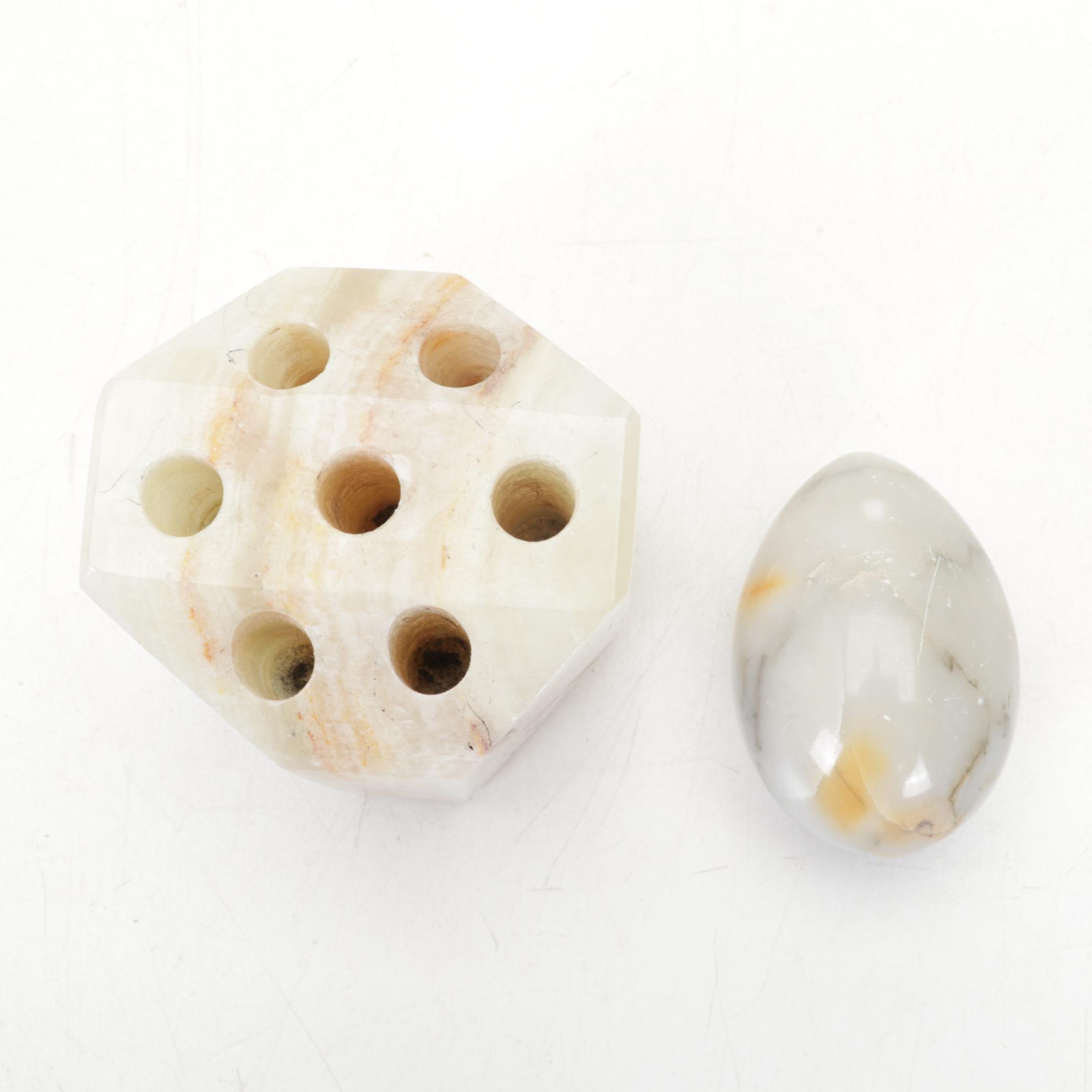 Carved Amethyst Crystal With Banded Calcite Vase, Ceramic Planter, More