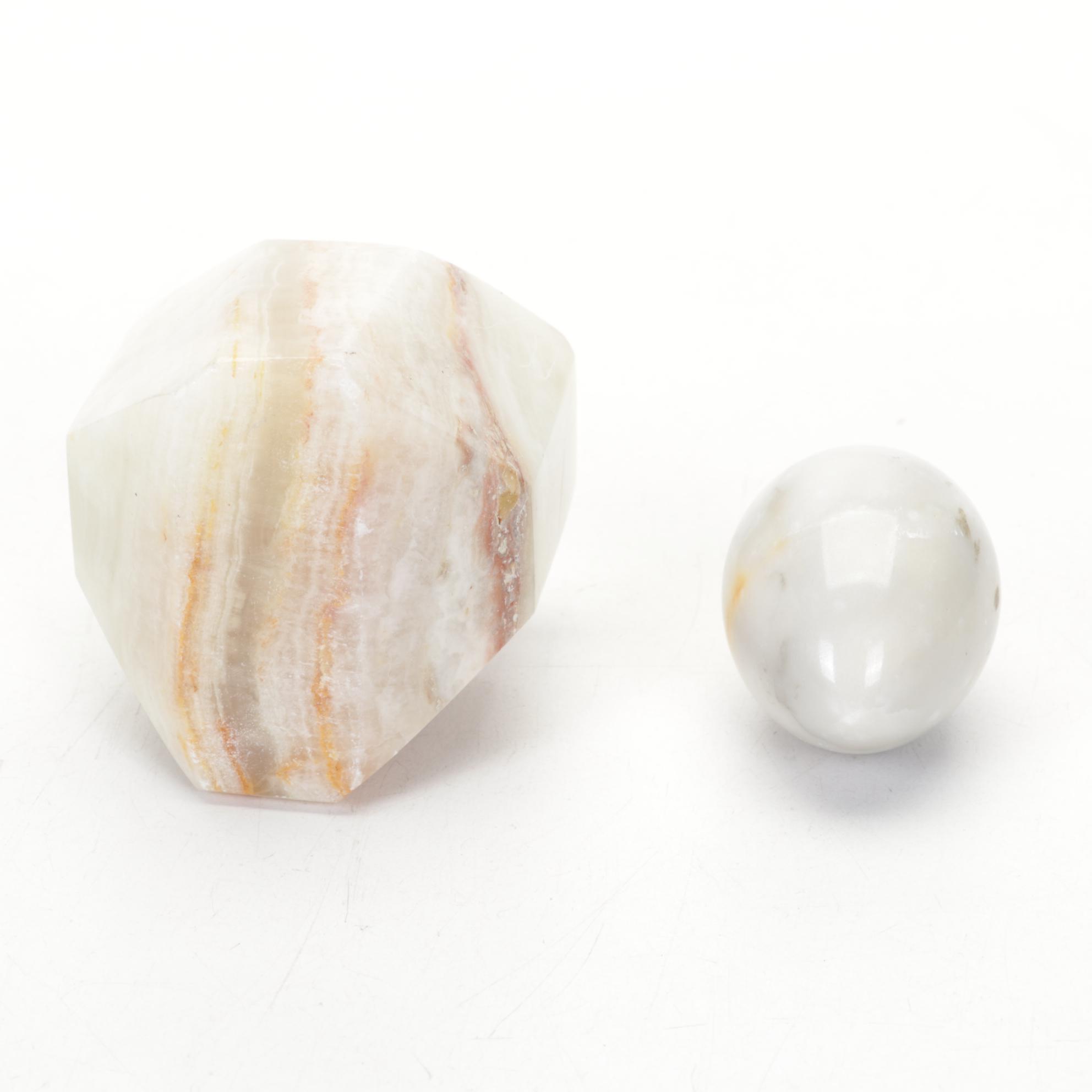 Carved Amethyst Crystal With Banded Calcite Vase, Ceramic Planter, More