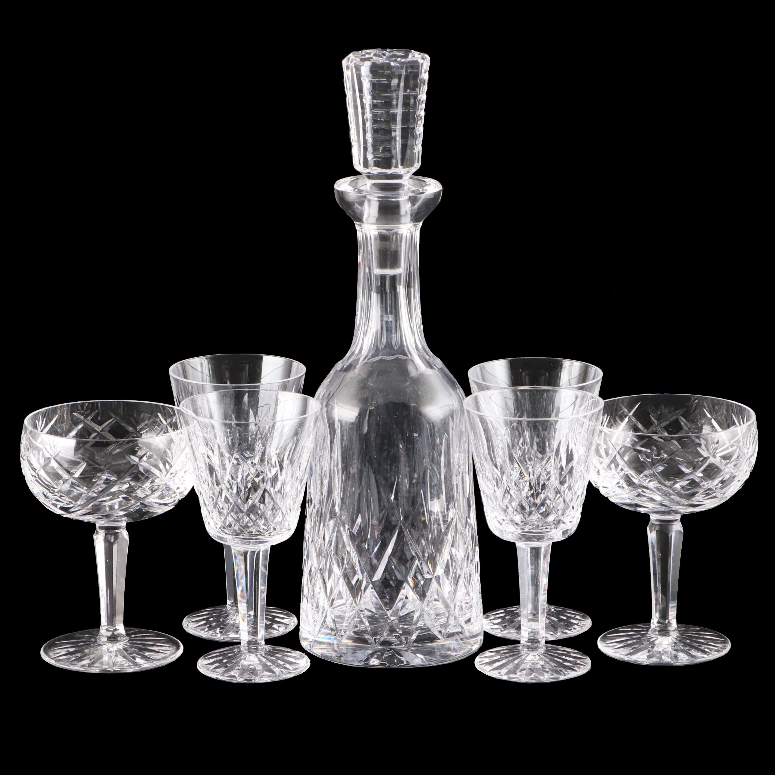 Waterford Crystal "Lismore" Decanter and Clarets with "Avoca" Champagne Coupes