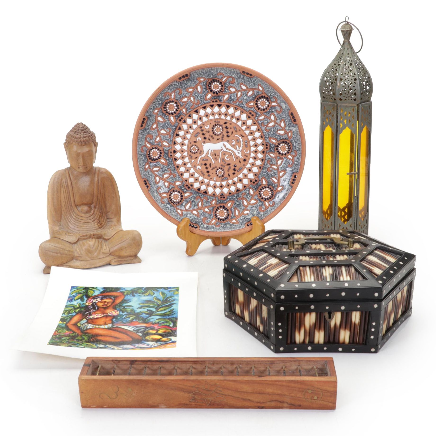 Grecian Plate, Indian Lantern, Quill Box, Buddha Figurine, and More Decor