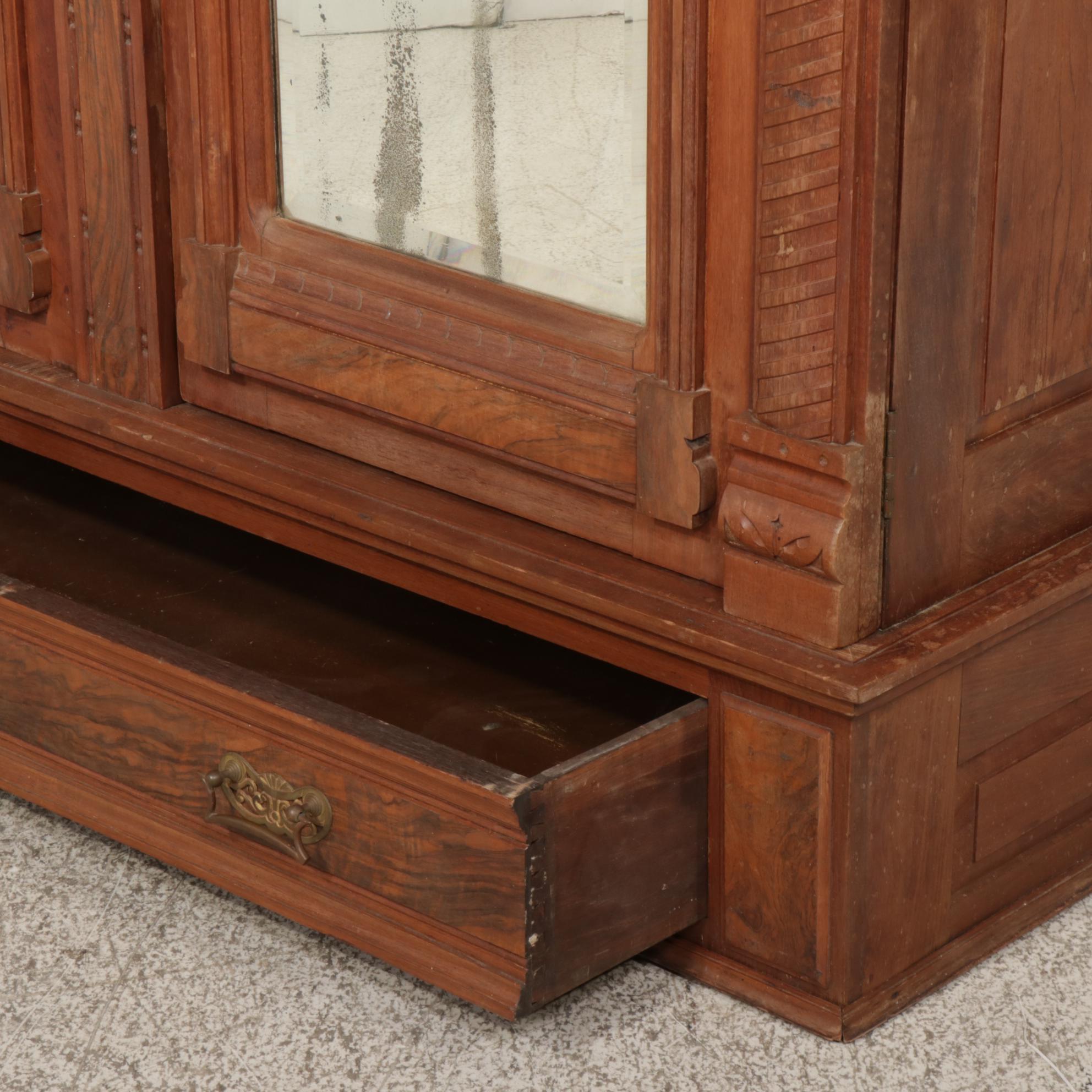 Victorian Walnut, Burl Walnut and Mirrored Armoire, Late 19th Century
