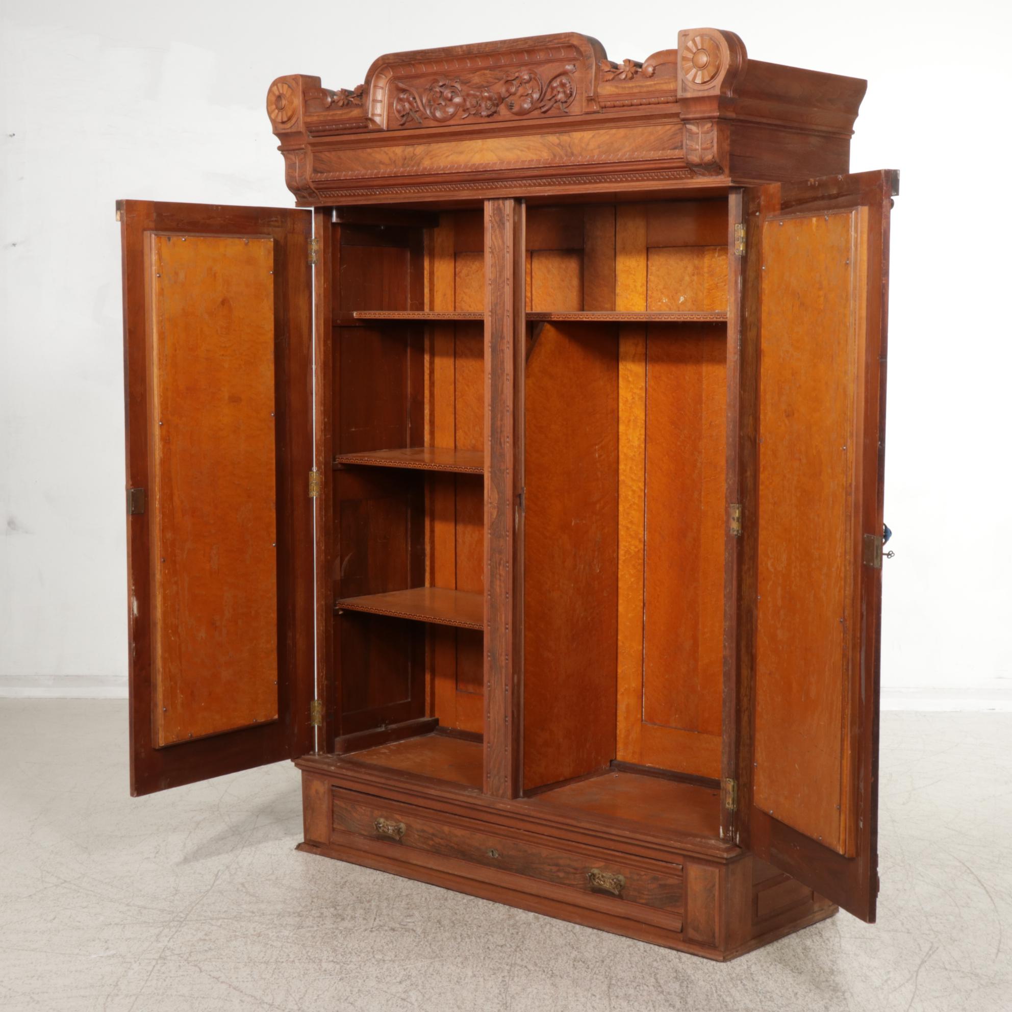 Victorian Walnut, Burl Walnut and Mirrored Armoire, Late 19th Century