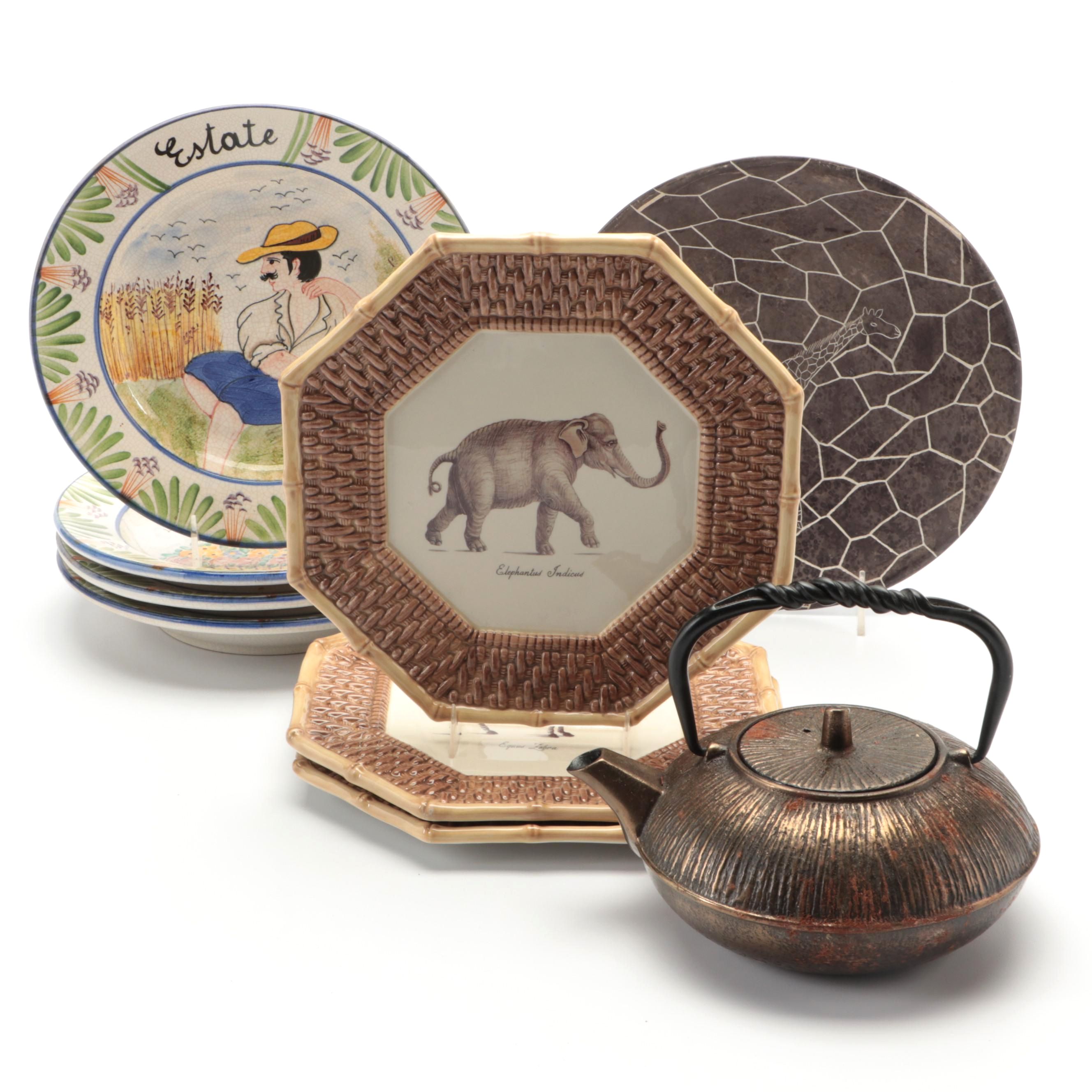 Japanese Brass Tea Pot with International Decorative Plate Collection