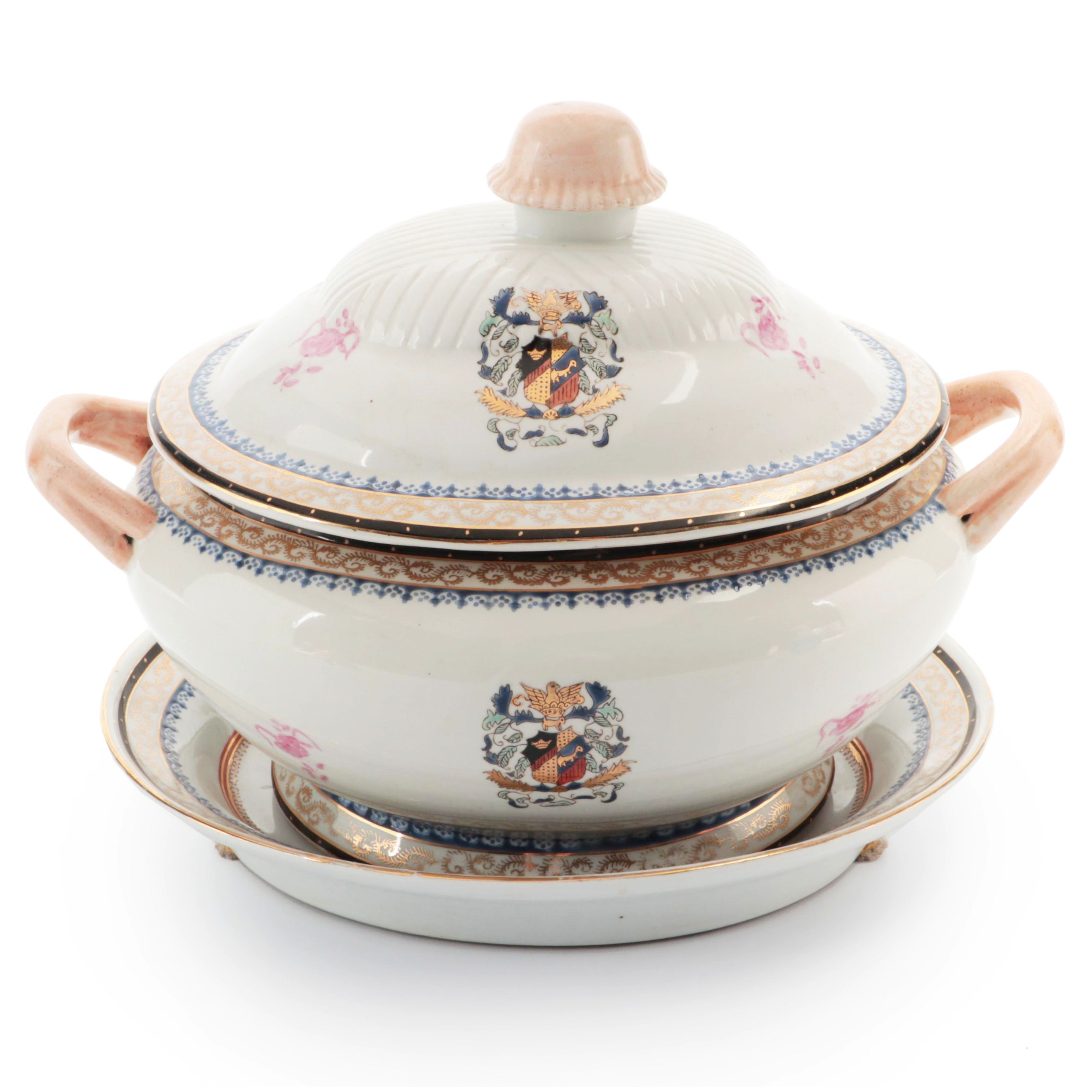 Chinese Export Style Porcelain Decorative Armorial Tureen and Underplate