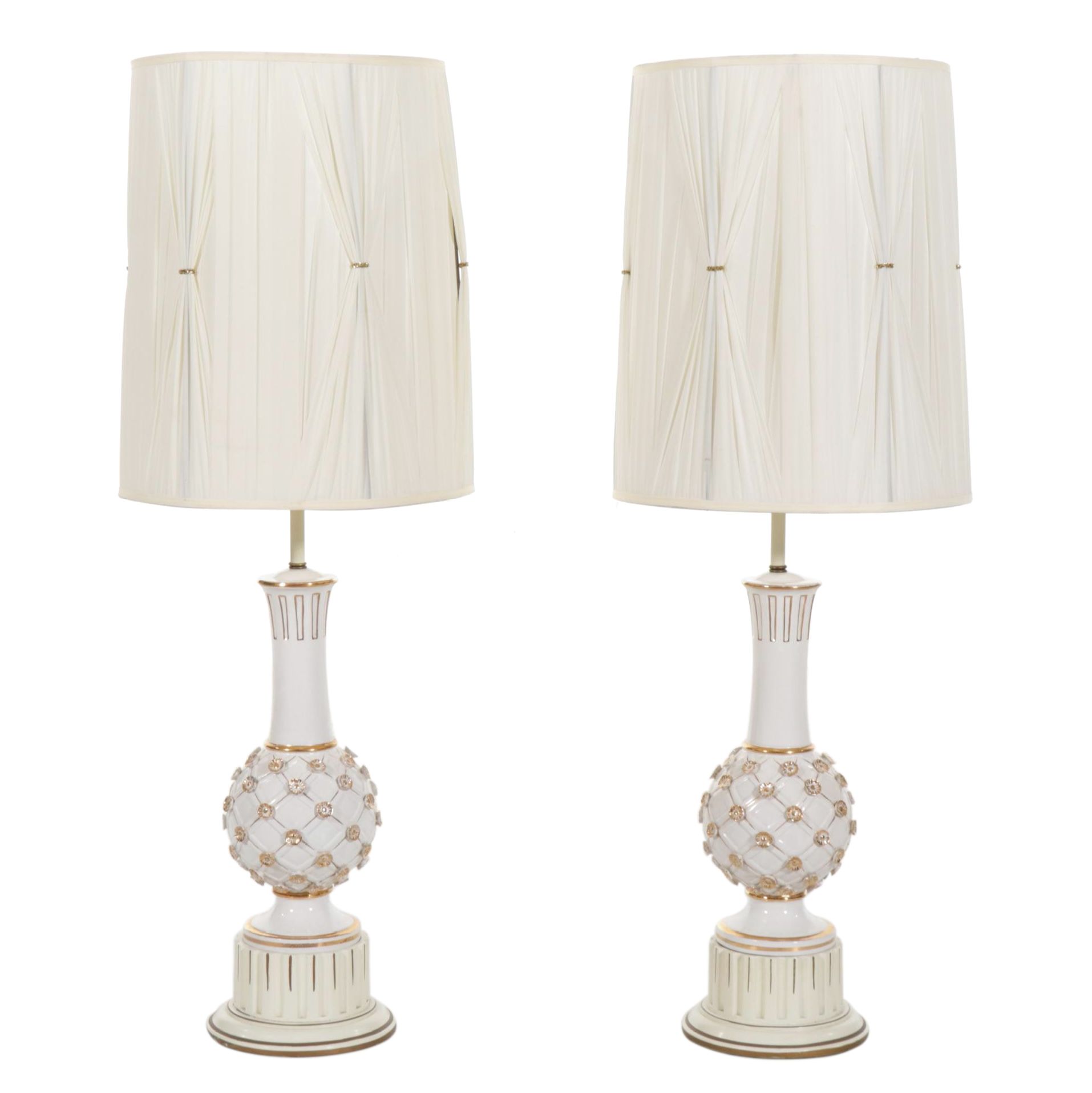 Italian Ceramic Gold and White Lattice and Flower Table Lamps, Custom Shades