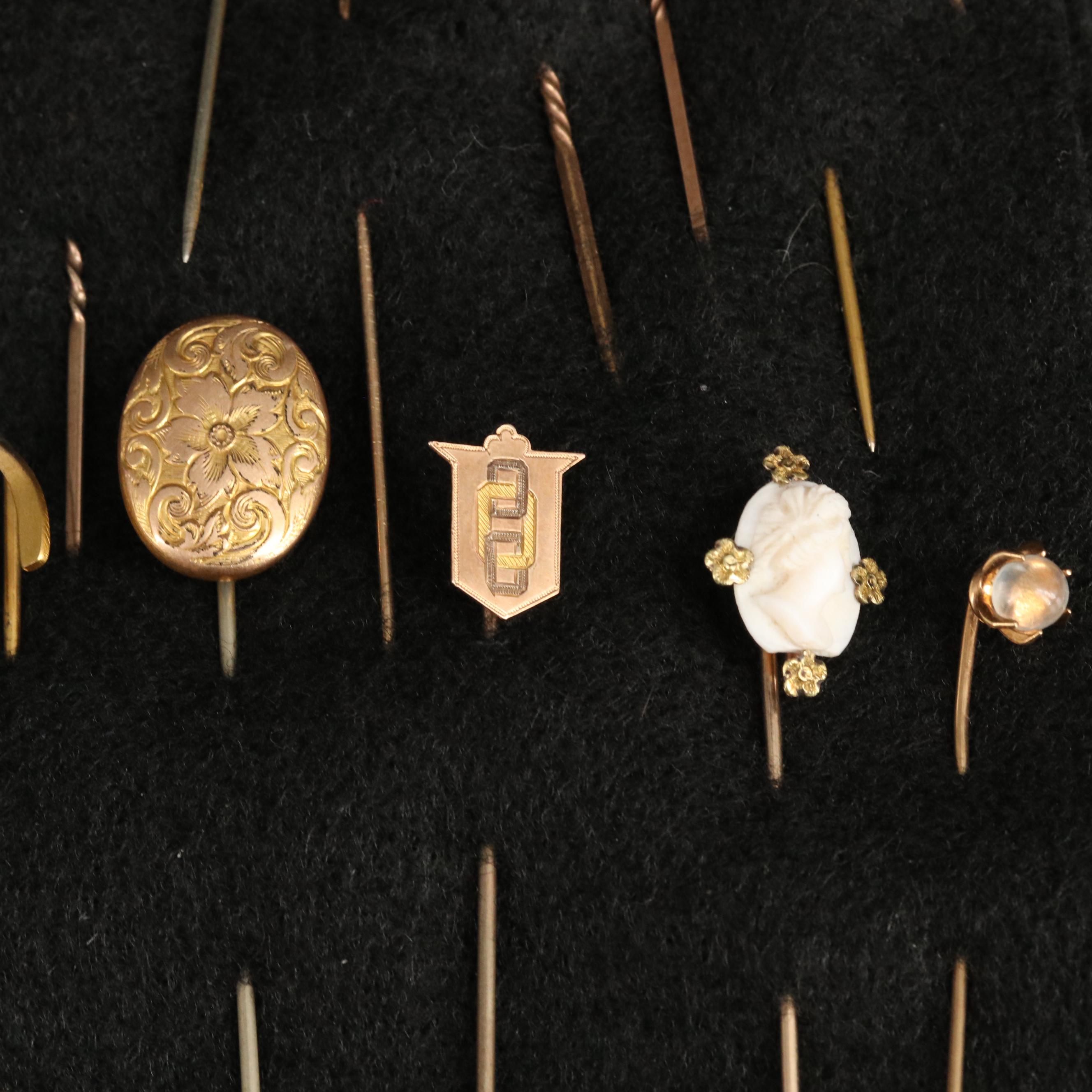 Vintage and Antique Stick Pins Including 14K and 10K