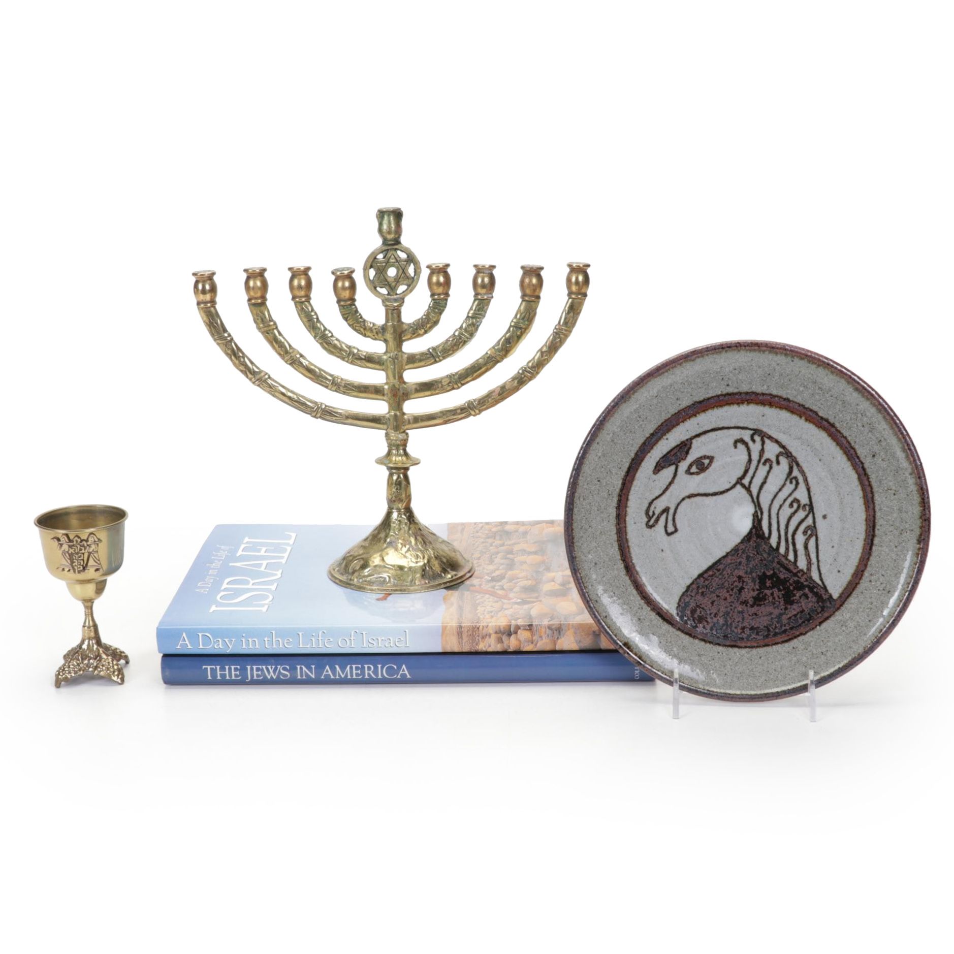 Menorah, Goblet, Studio Pottery Plate, and Jewish History Books