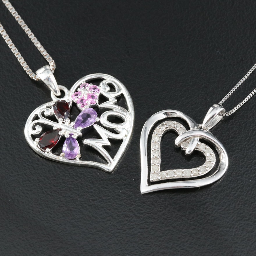 Italian Sterling Heart Pendants Including "Mom", Amethyst, Garnet and Diamond