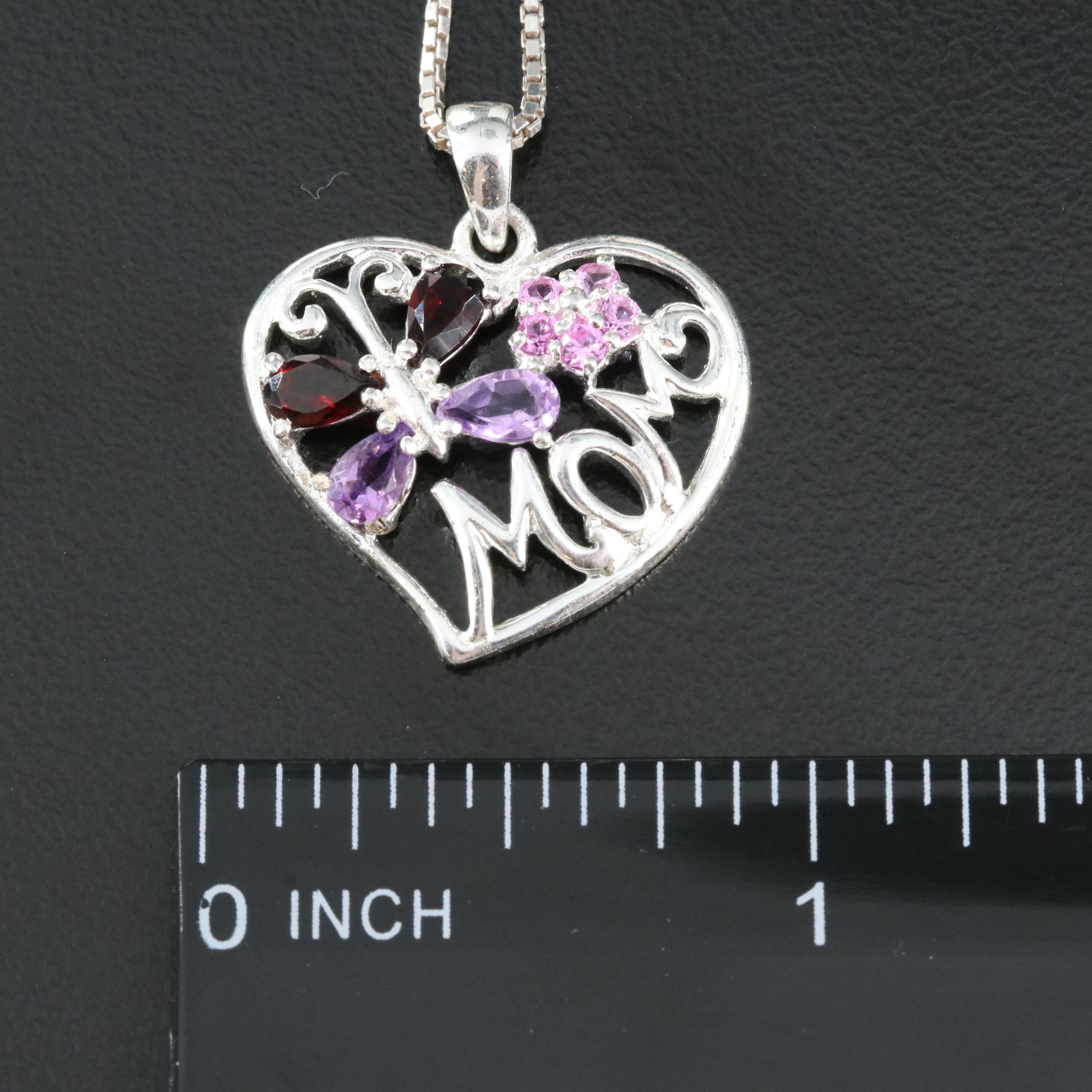 Italian Sterling Heart Pendants Including "Mom", Amethyst, Garnet and Diamond