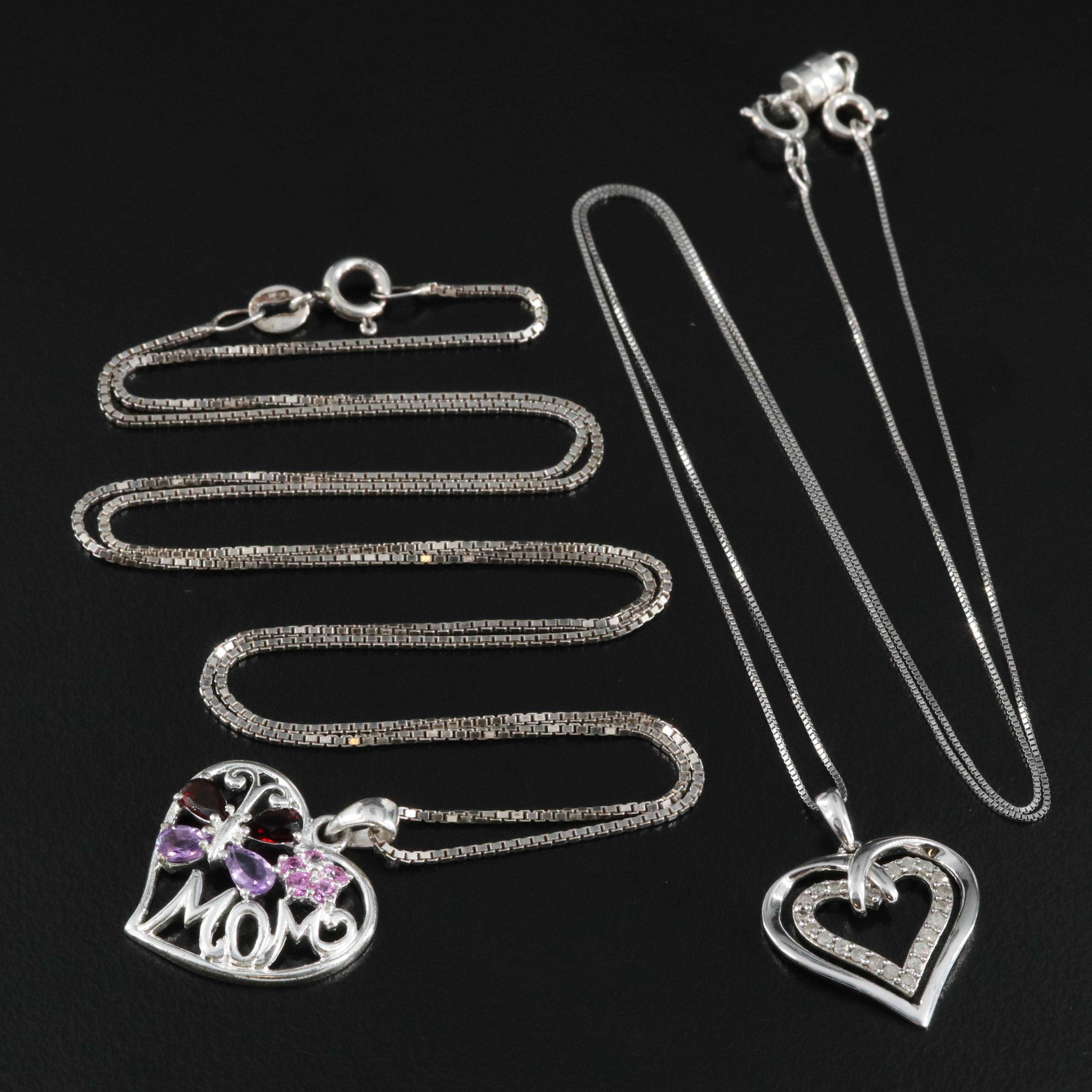 Italian Sterling Heart Pendants Including "Mom", Amethyst, Garnet and Diamond