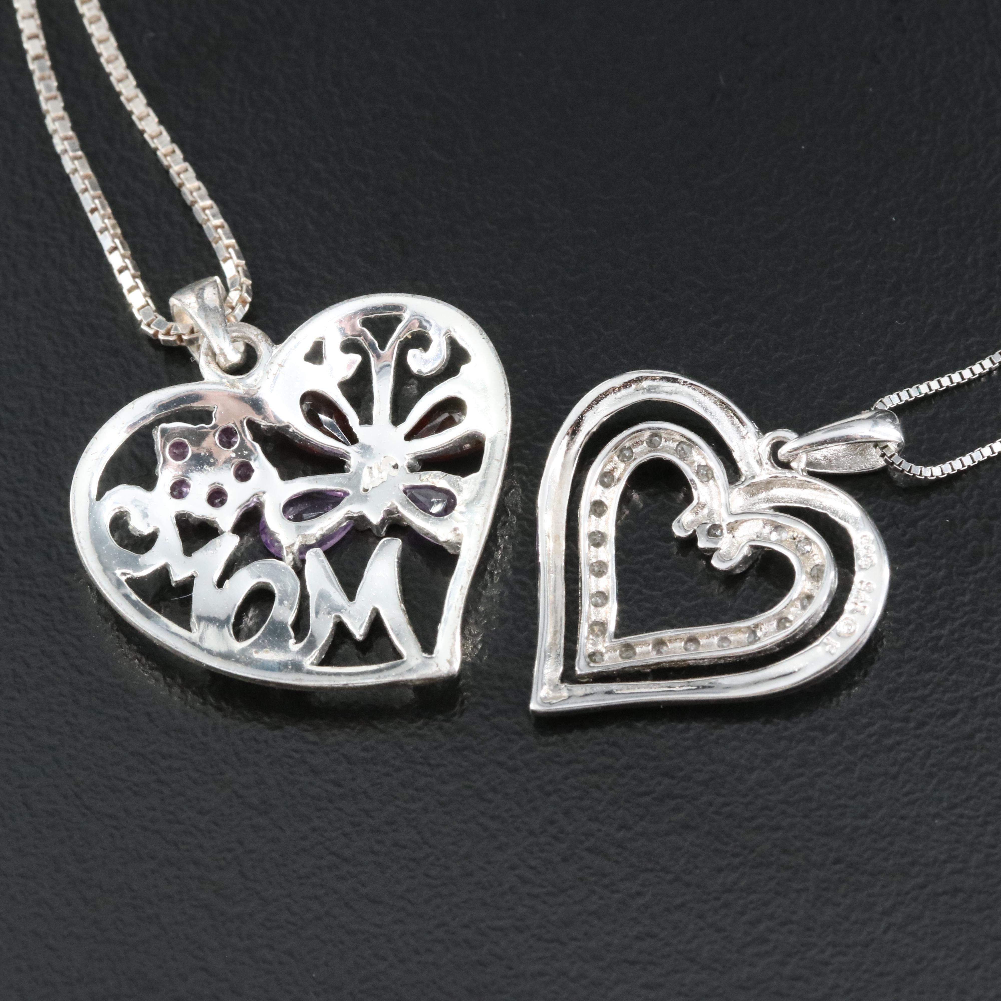Italian Sterling Heart Pendants Including "Mom", Amethyst, Garnet and Diamond