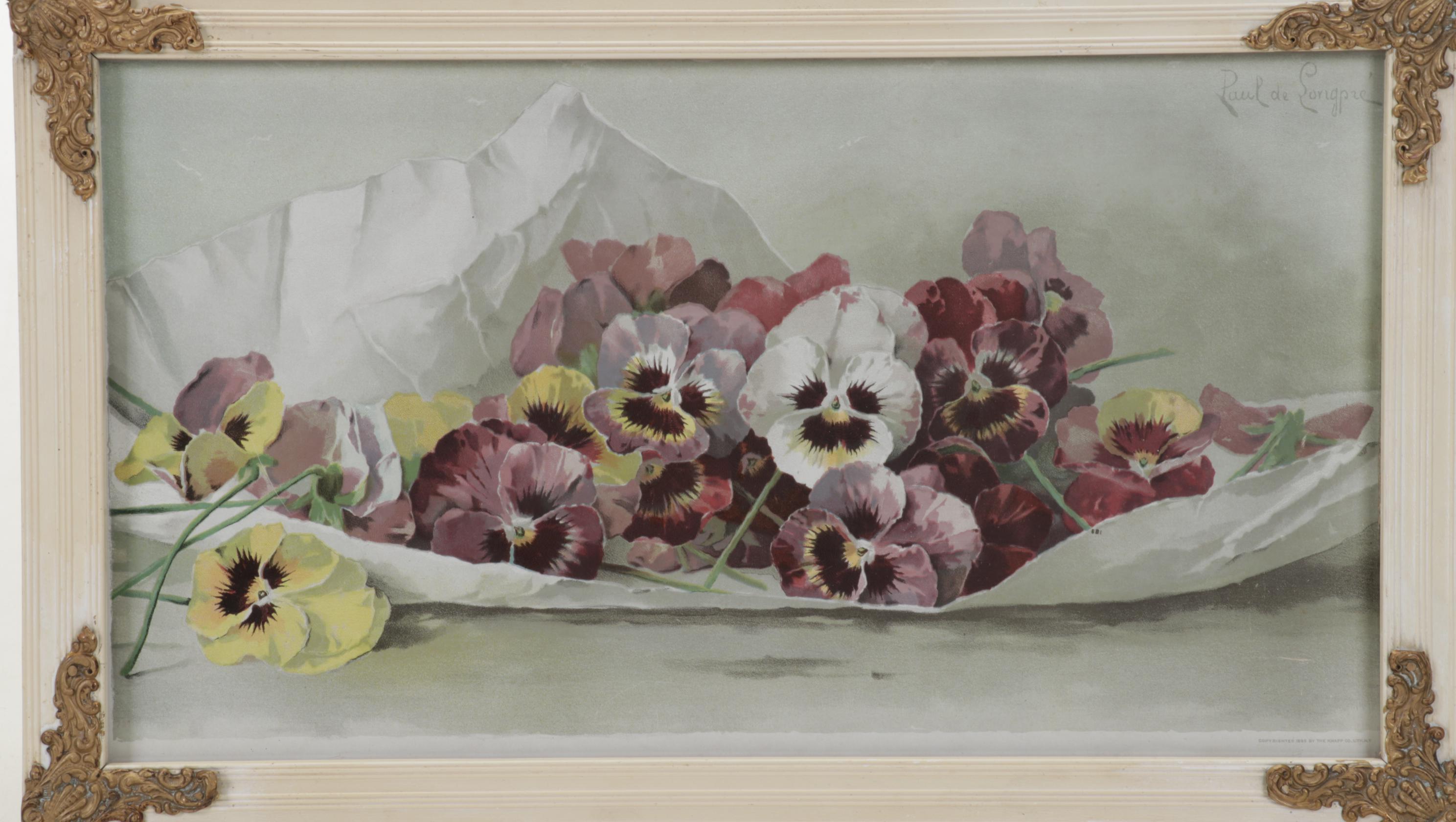 Color Lithograph After P. de Longpré "Spring Favorites" With Watercolor Painting