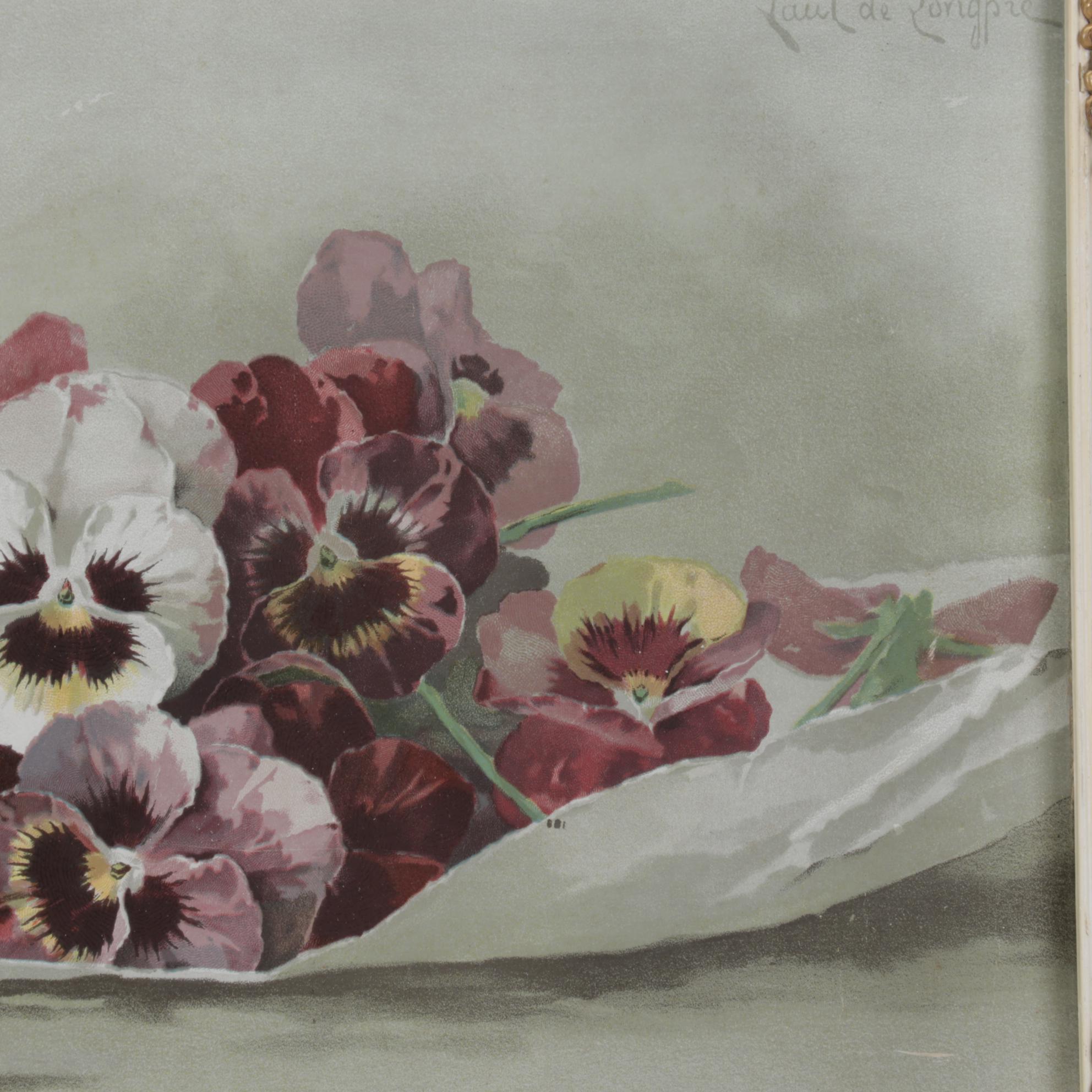 Color Lithograph After P. de Longpré "Spring Favorites" With Watercolor Painting
