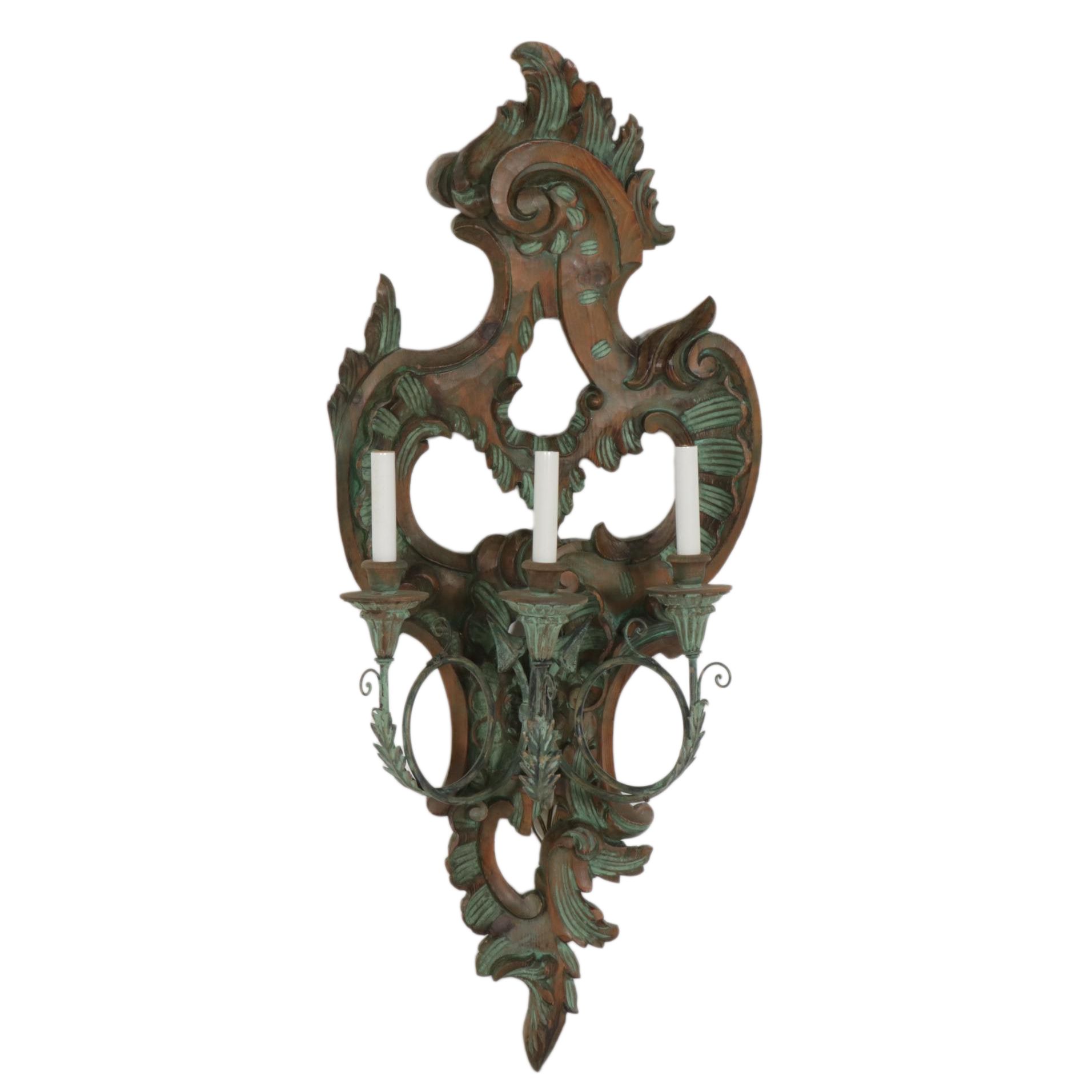 Rococo Style Three-Arm Electric Candle Sconce, Mid-20th Century