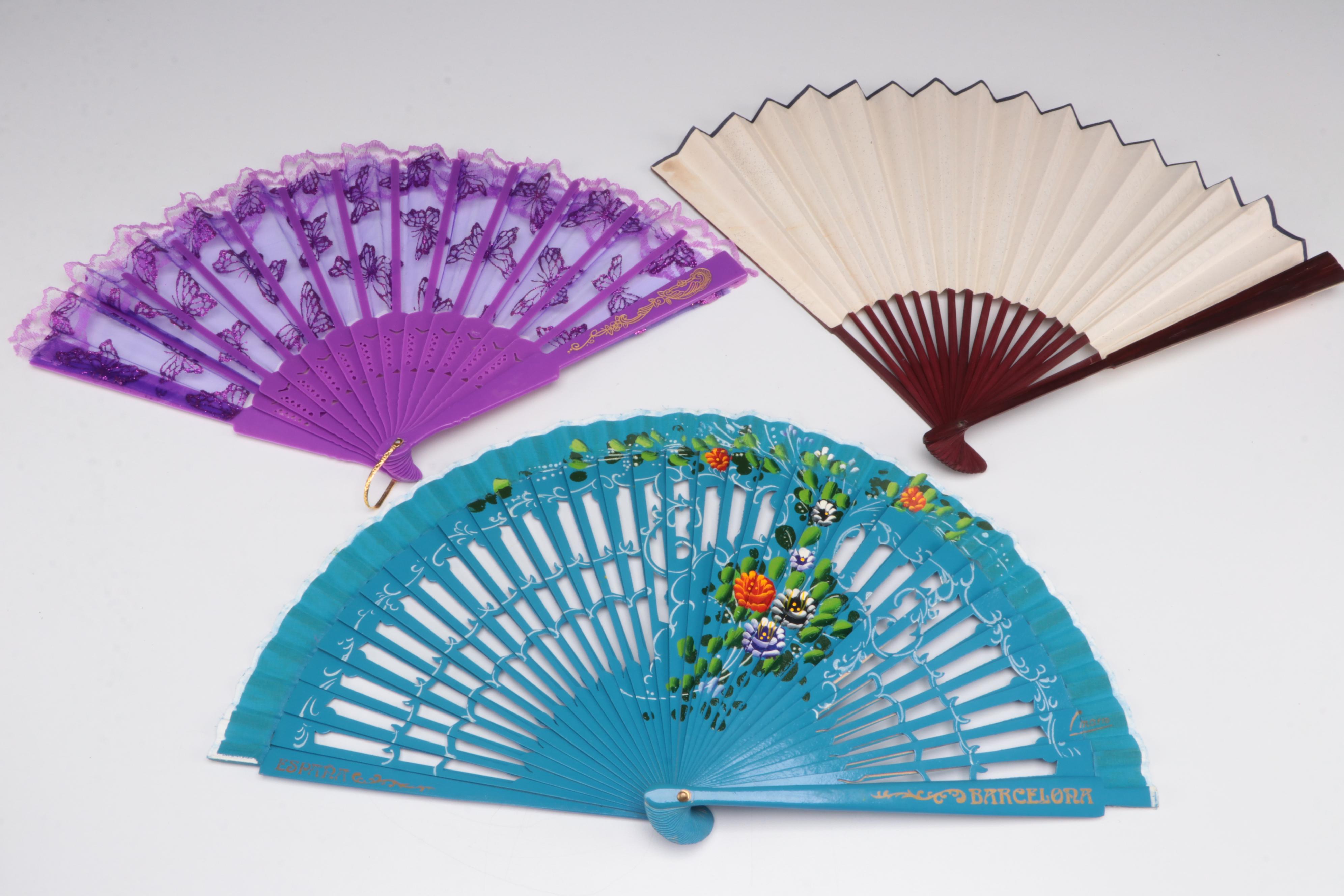 Pressed Glass Candlesticks With Iridescent Art Glass Bowl and Hand Fans